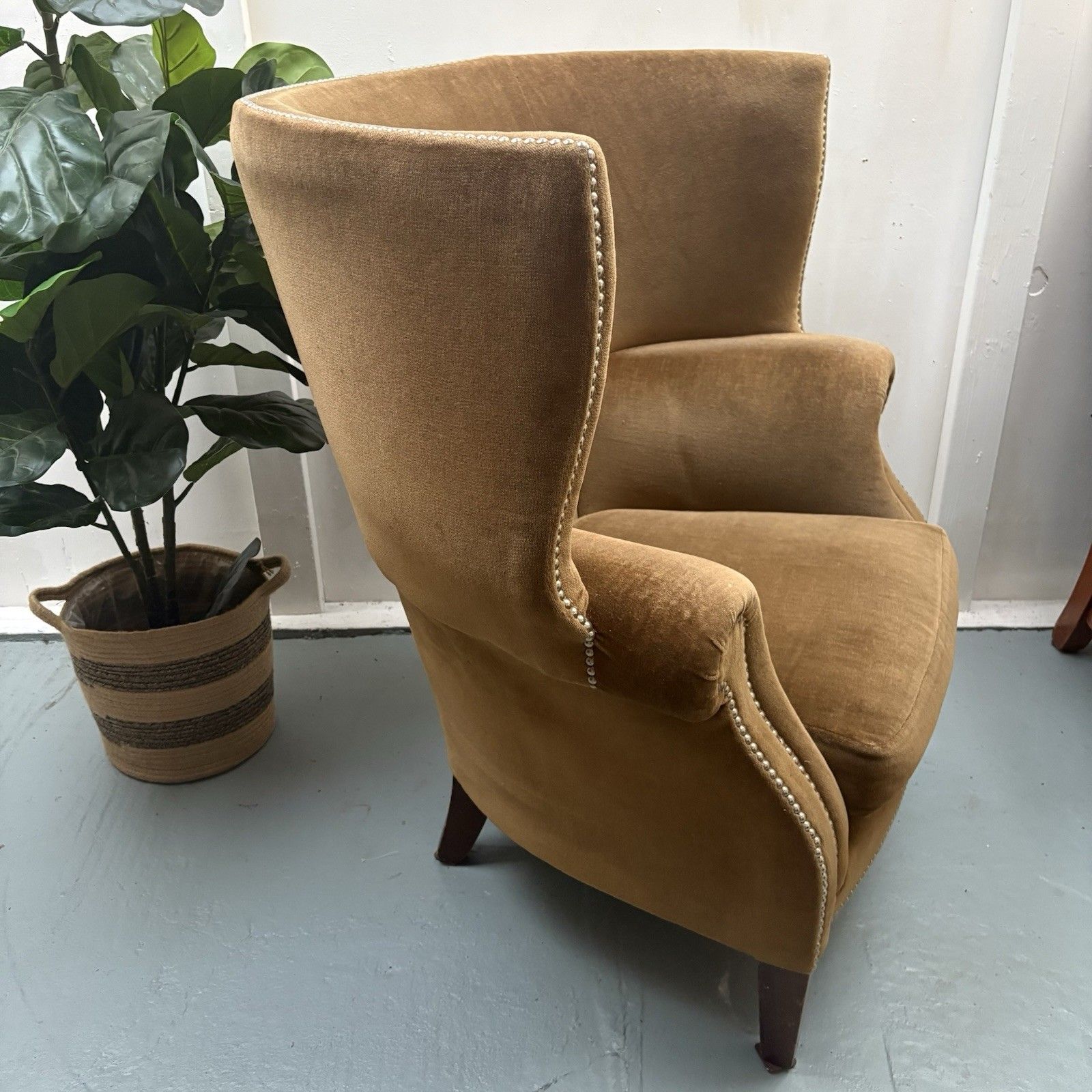 Fabulous Antique High Winged Barrel Backed Porters Style Aged Gold Arm Chair photo furniture
