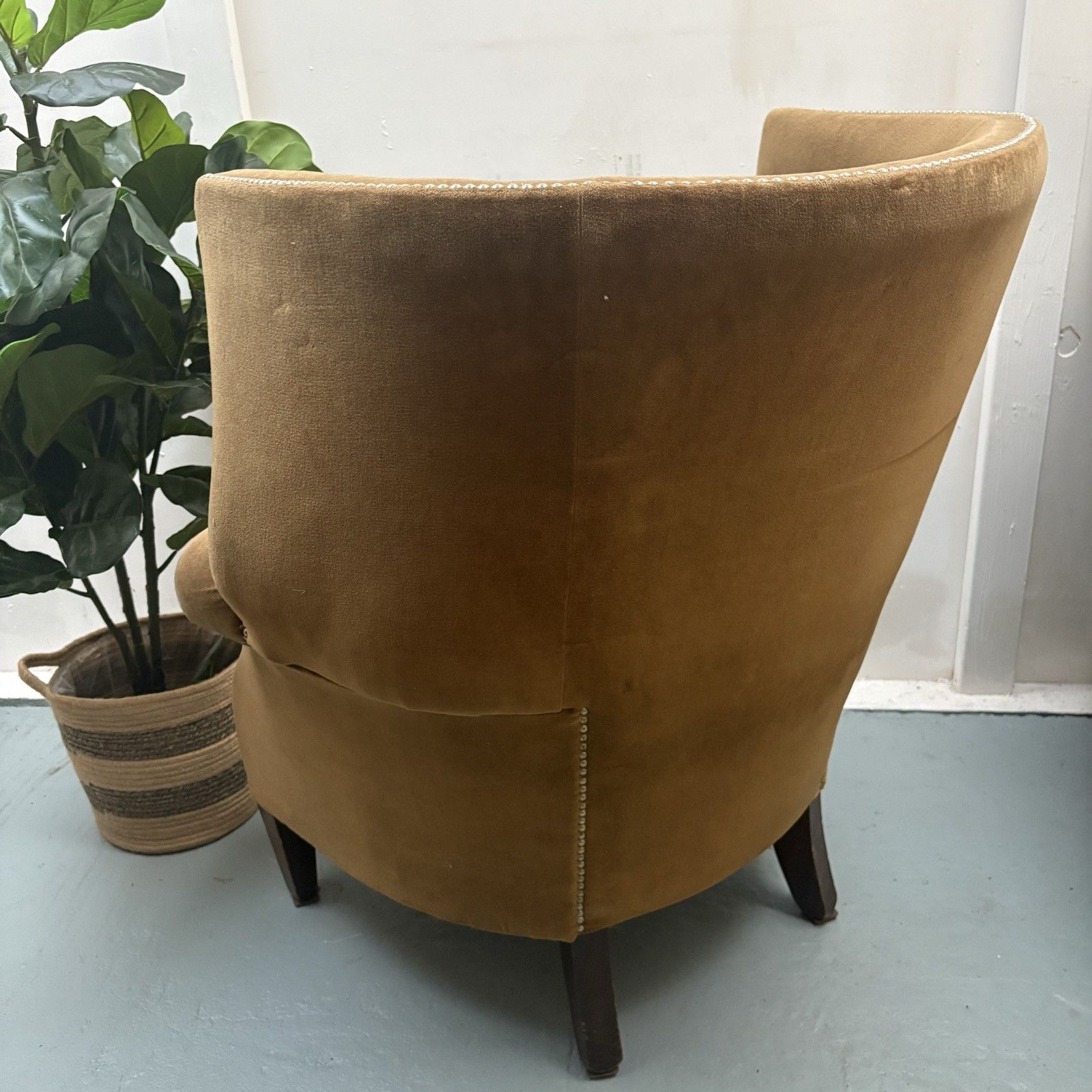 Fabulous Antique High Winged Barrel Backed Porters Style Aged Gold Arm Chair photo Furniture