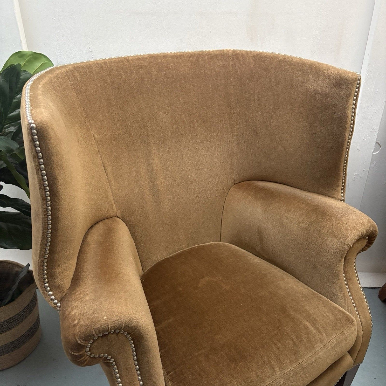 Fabulous Antique High Winged Barrel Backed Porters Style Aged Gold Arm Chair photo buy