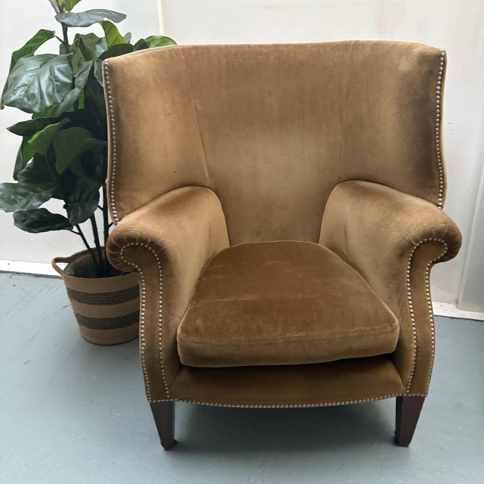 photo for sale Fabulous Antique High Winged Barrel Backed Porters Style Aged Gold Arm Chair