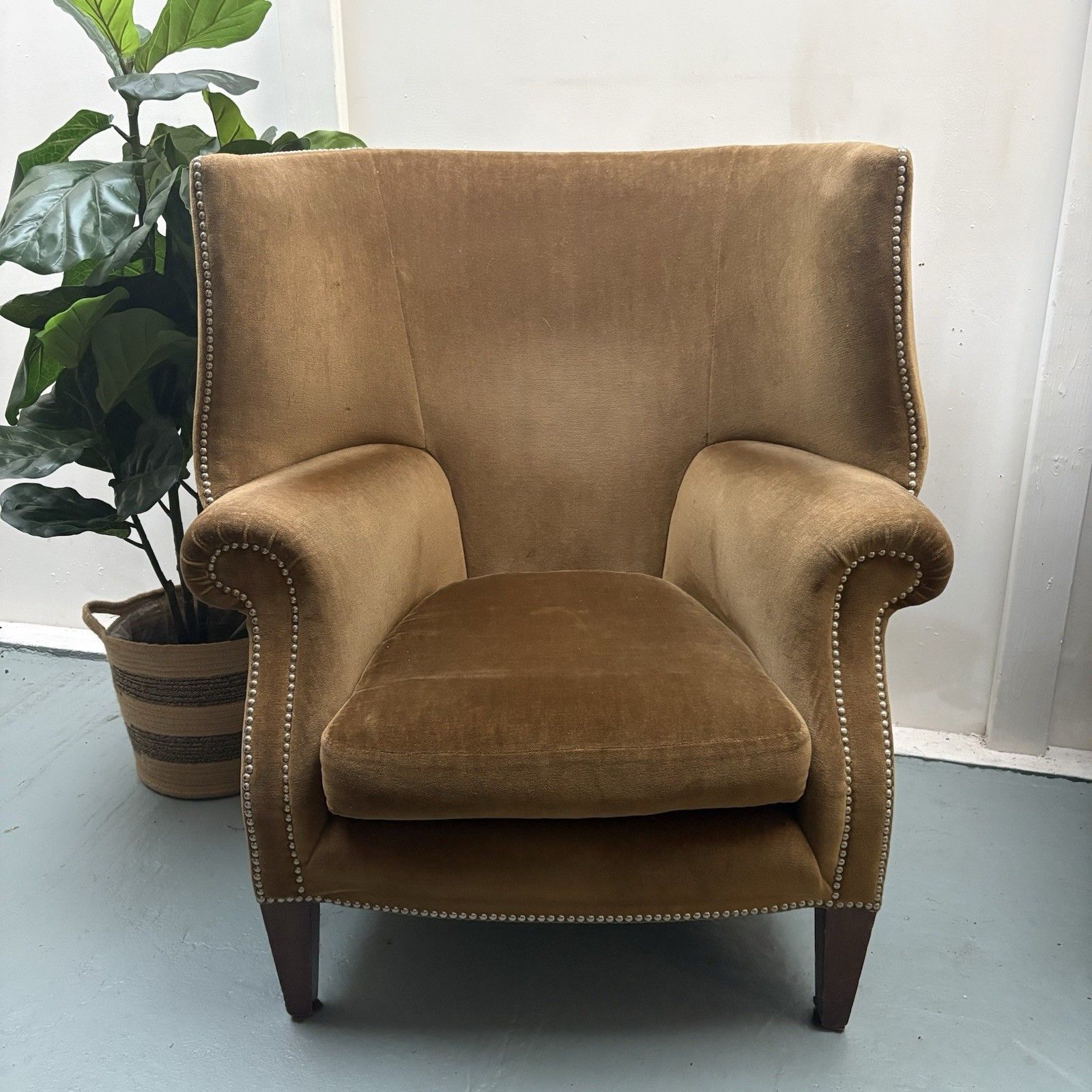 photo buy Fabulous Antique High Winged Barrel Backed Porters Style Aged Gold Arm Chair