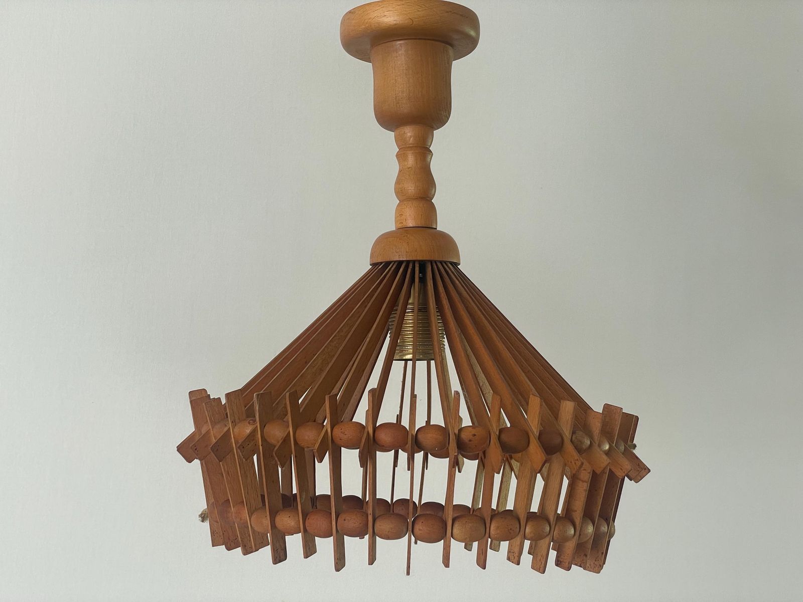 Italian Hand Crafted Pair Of Wood Pendant Lights, 1960s, Italy photo vinterior