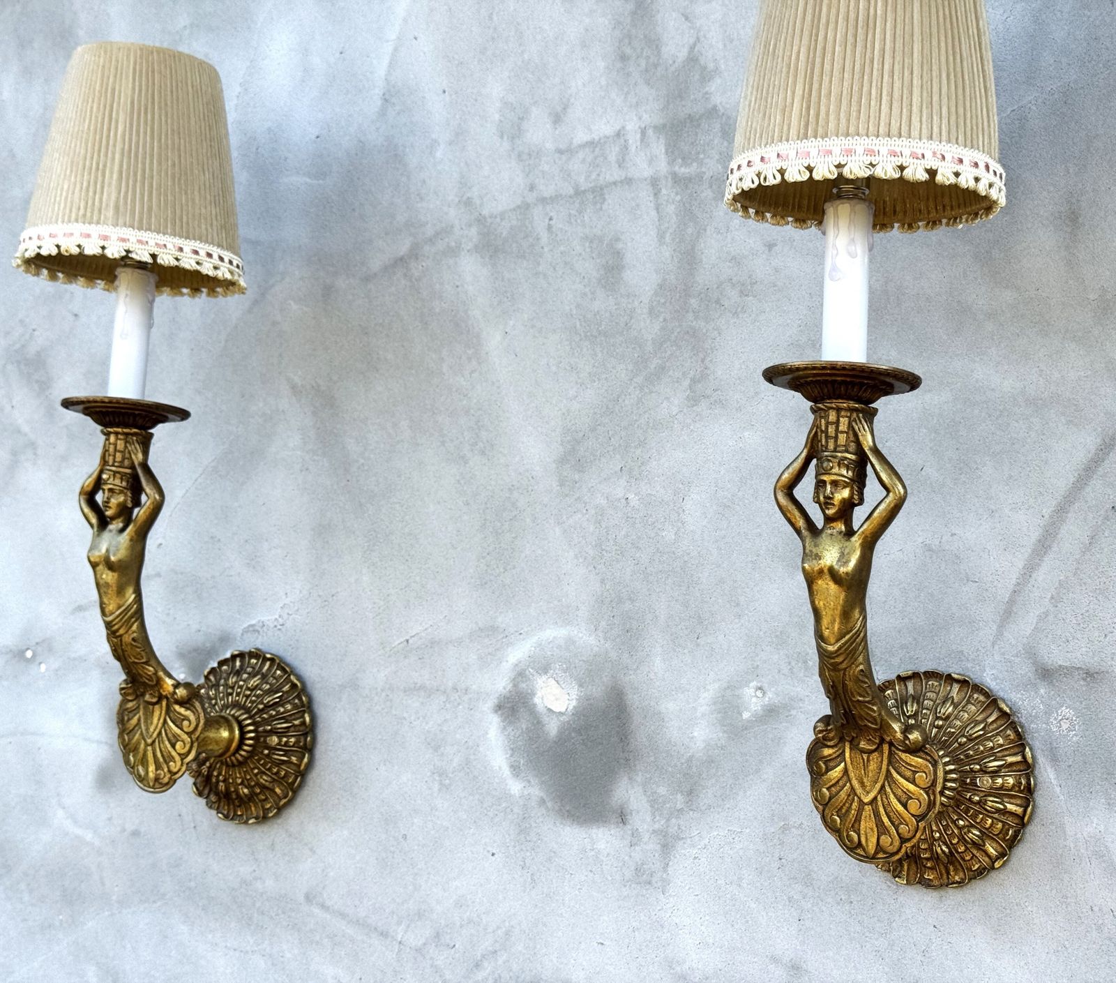 Pair Of 1950s Italian Gilt Bronze Wall Sconces With Female Figures photo vintage