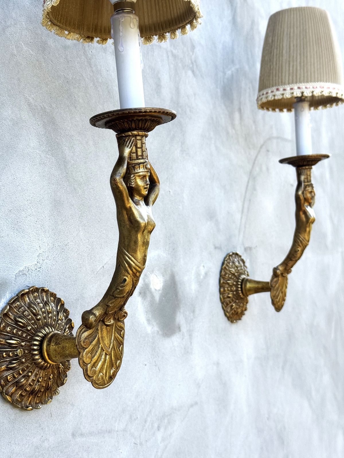 photo buy Pair Of 1950s Italian Gilt Bronze Wall Sconces With Female Figures