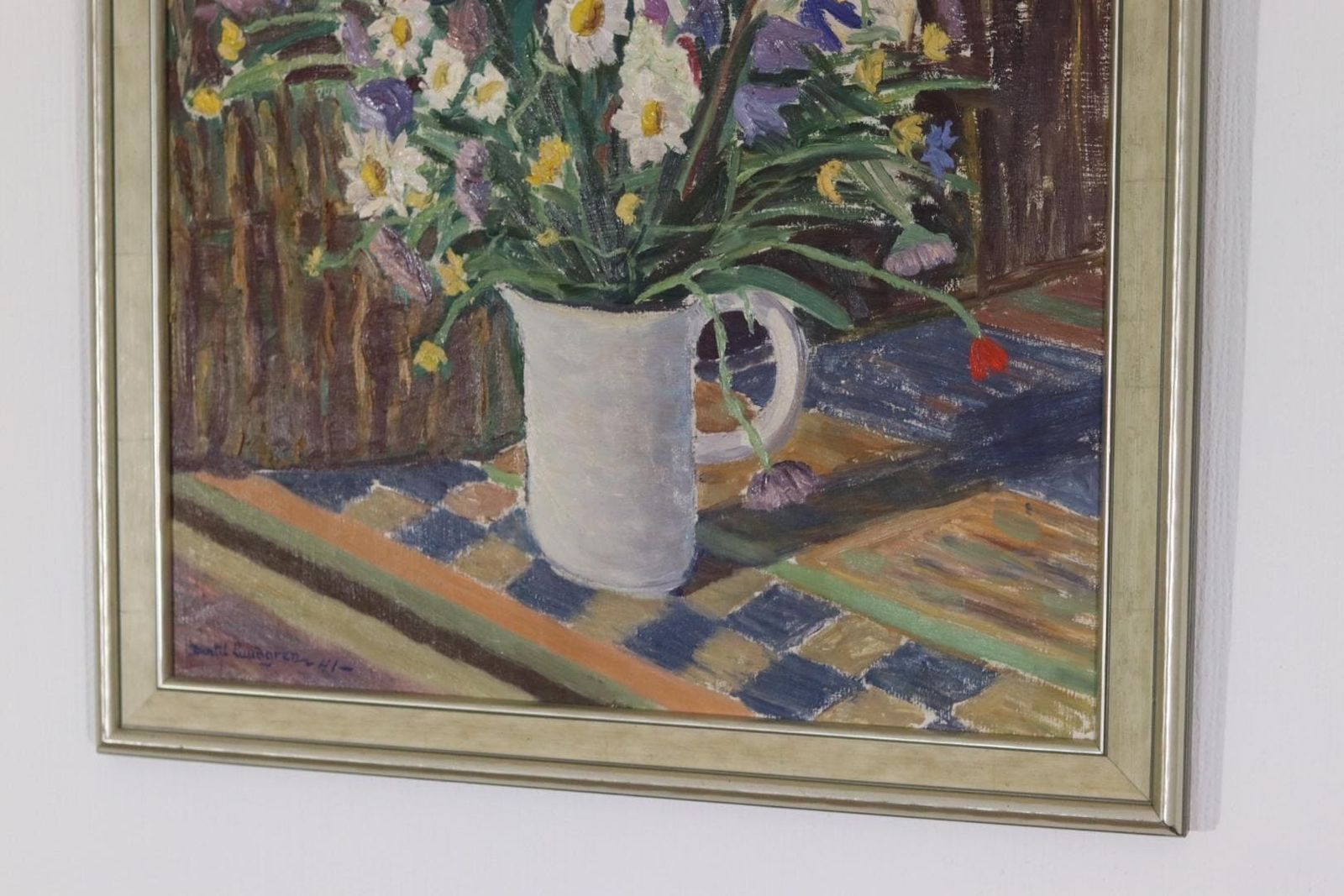 photo for sale Original Mid Century Swedish Panel Painting – “Flower Still Life” By Bertil Lundgren – Signed – 68 × 58 Cm
