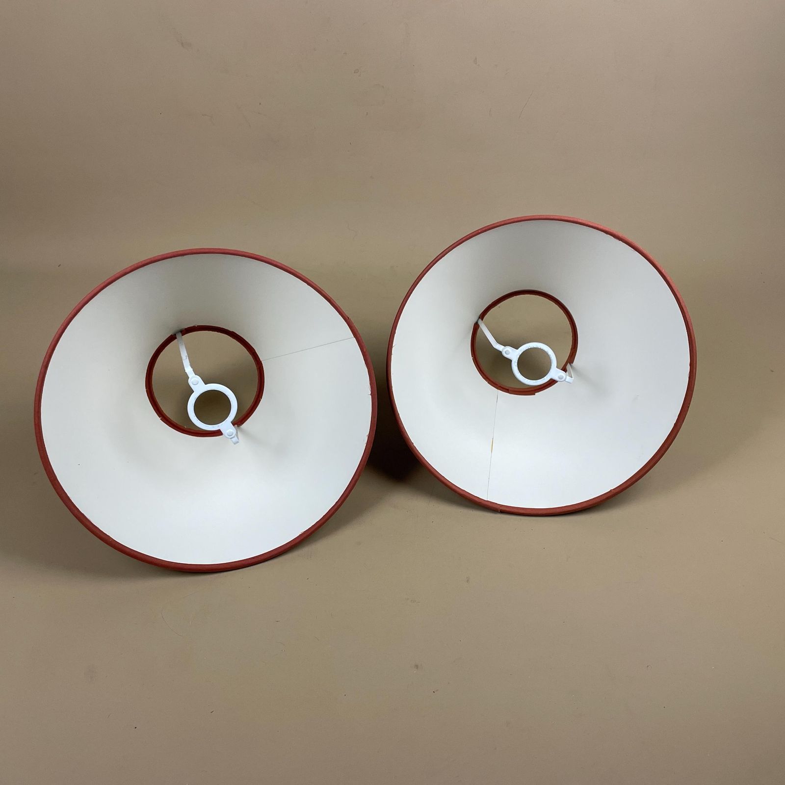 Pair Of 2 Vintage Cone Lamp Shade Lampshade Lightshade Damask Pattern Red Pink Gold Trim Downton Abbey Antique Classic Cottage Set photo vintage