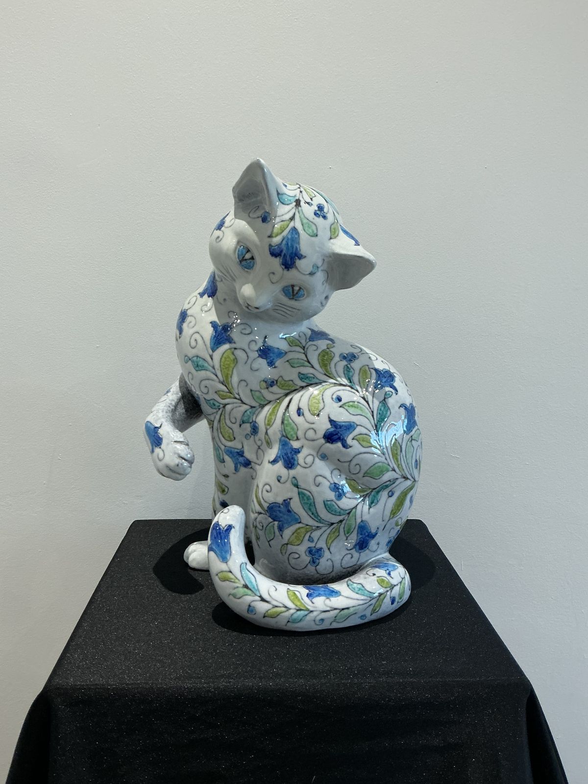 Majolica Cat Sculpture – Hand Painted Floral Glaze
