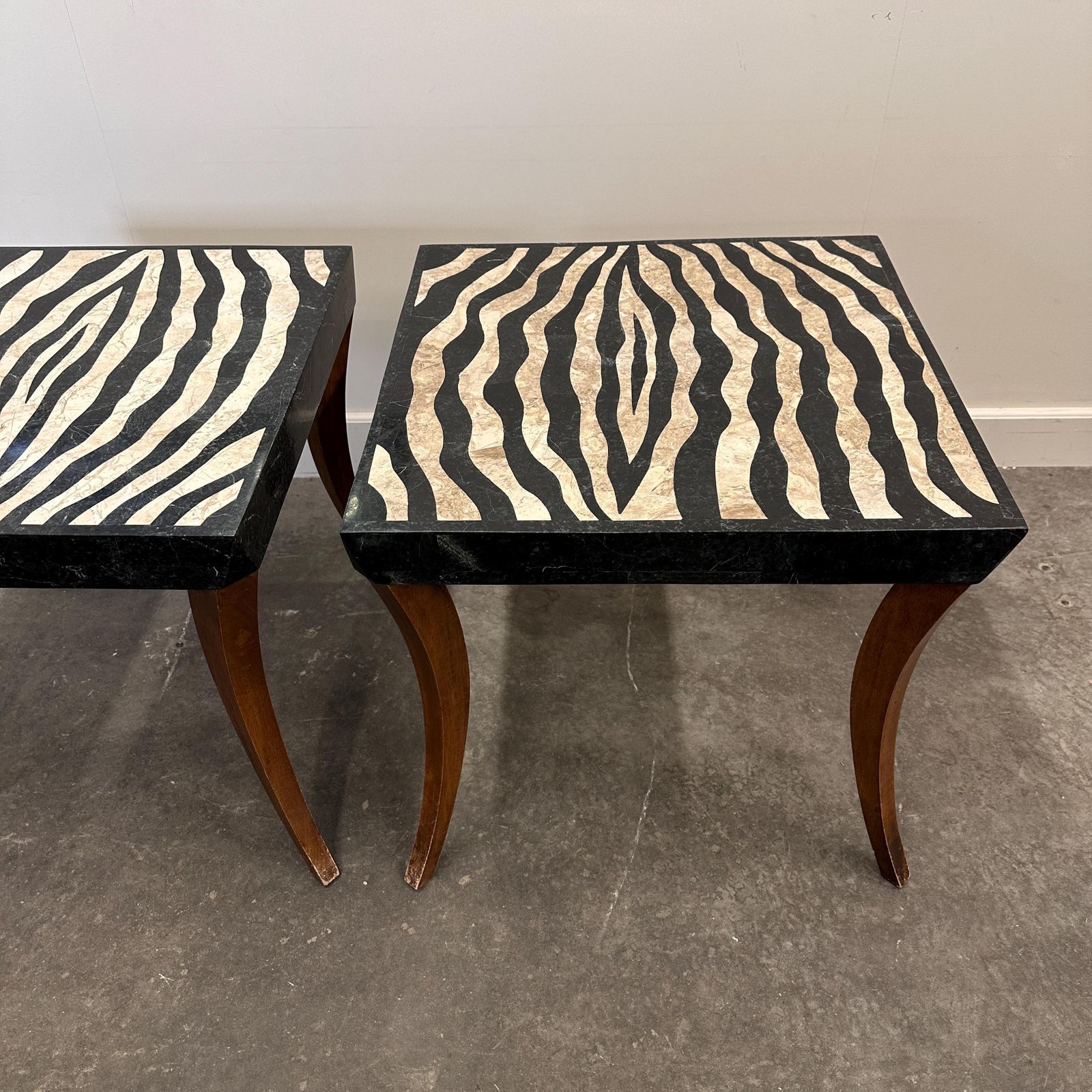 photo for sale Striking Pair Of Italian Zebra Inlaid Tessellated Stone Tables With Refined Curved Legs, 1980s