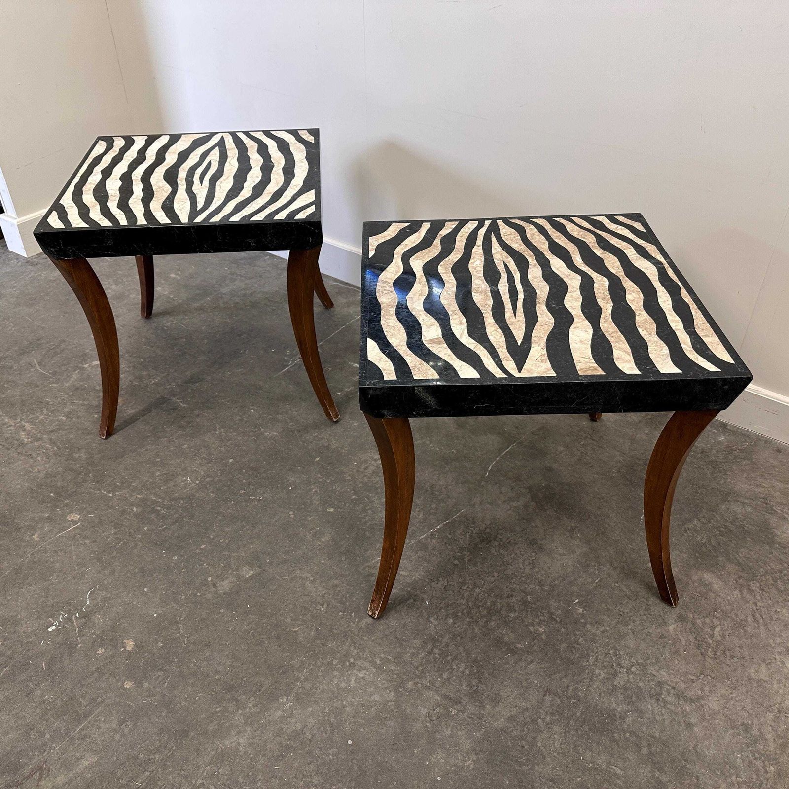 Furniture Striking Pair Of Italian Zebra Inlaid Tessellated Stone Tables With Refined Curved Legs, 1980s photo
