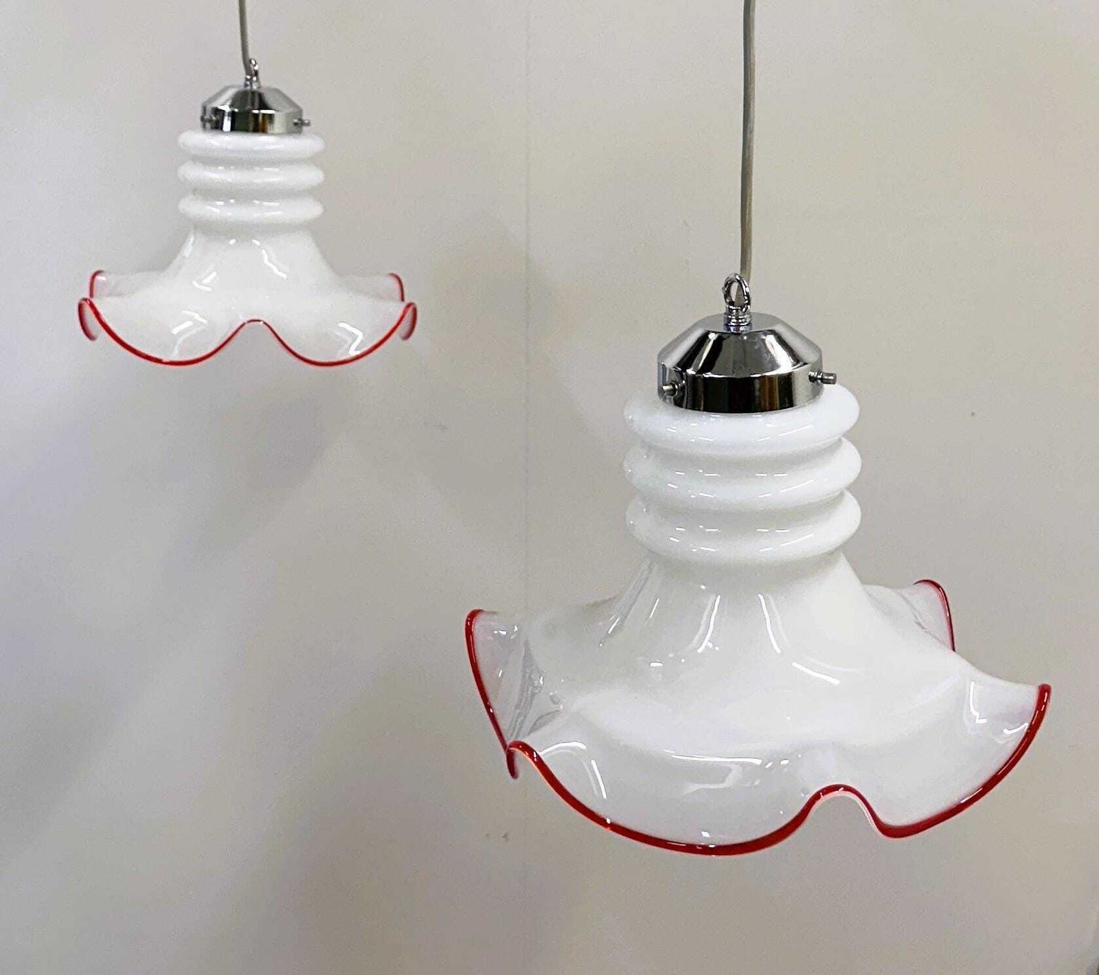 Pair Of Italian Murano Glass Pendant Lamps With Red Trim, 1970s Italy. photo 543.0