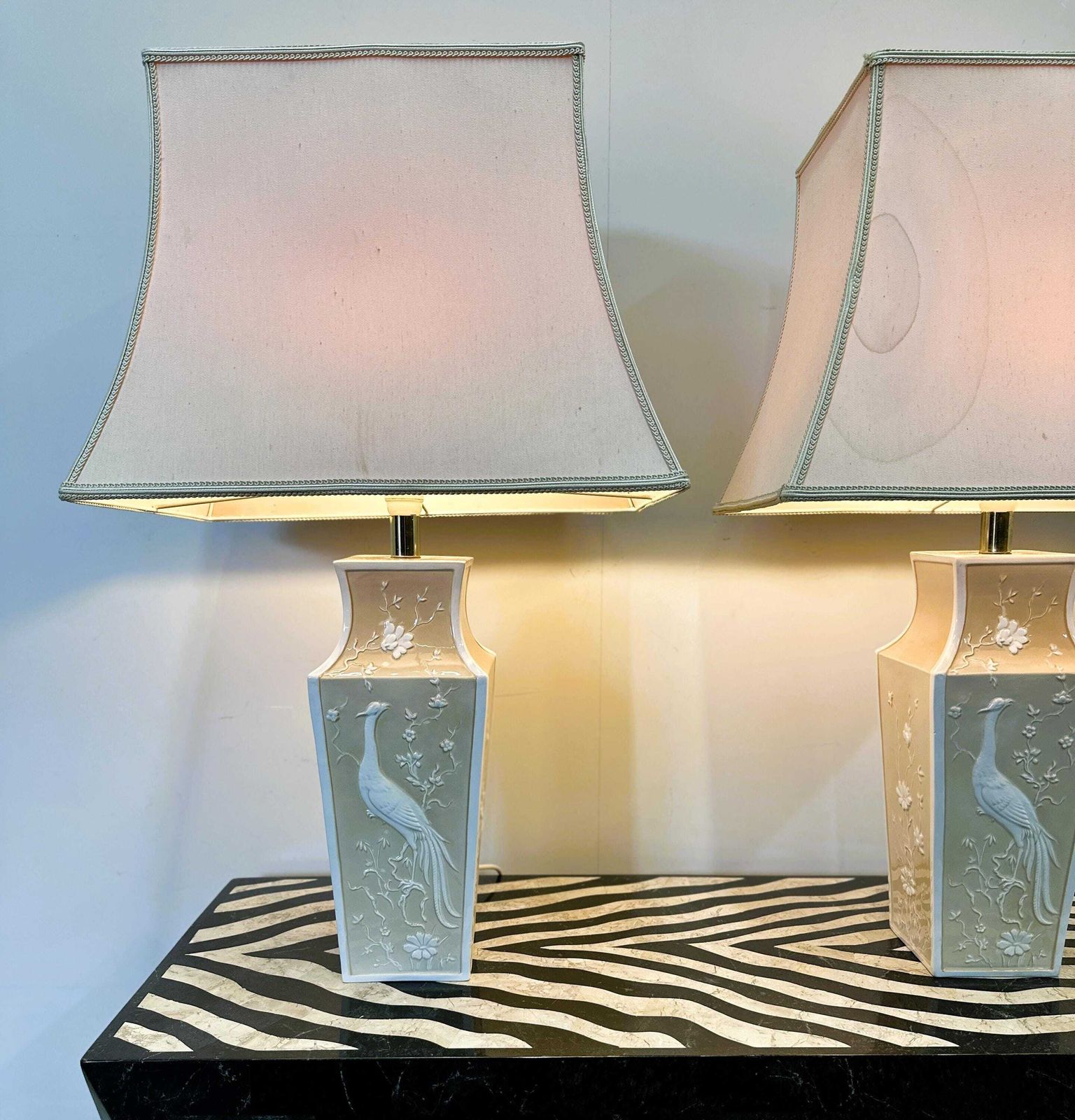 Pair Of Large Cream Ceramic Table Lamps With Relief Peacocks And Fabric Shades, 1980s photo Lighting