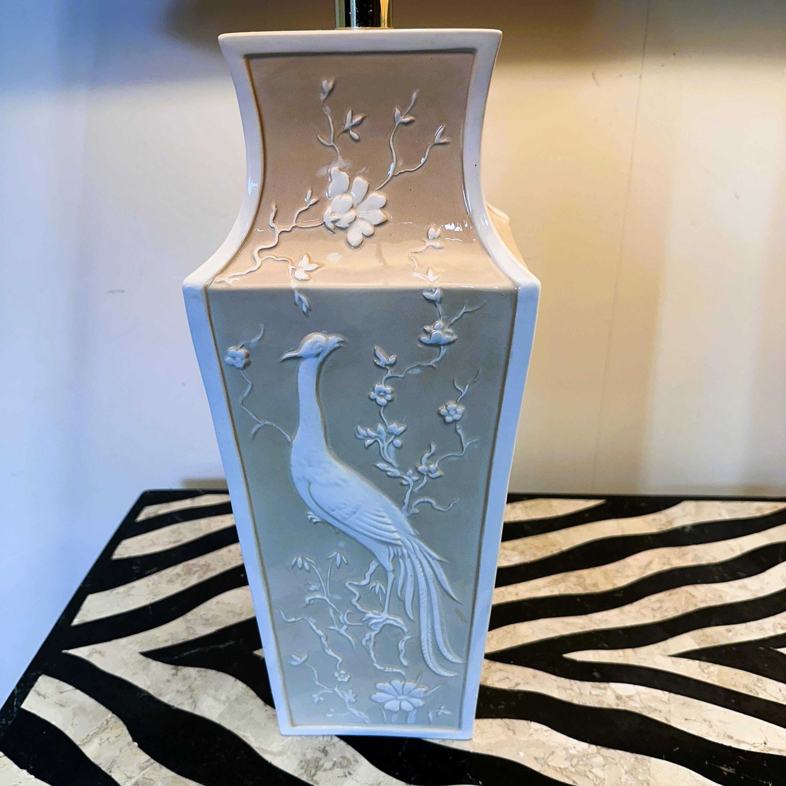 photo vinterior Pair Of Large Cream Ceramic Table Lamps With Relief Peacocks And Fabric Shades, 1980s
