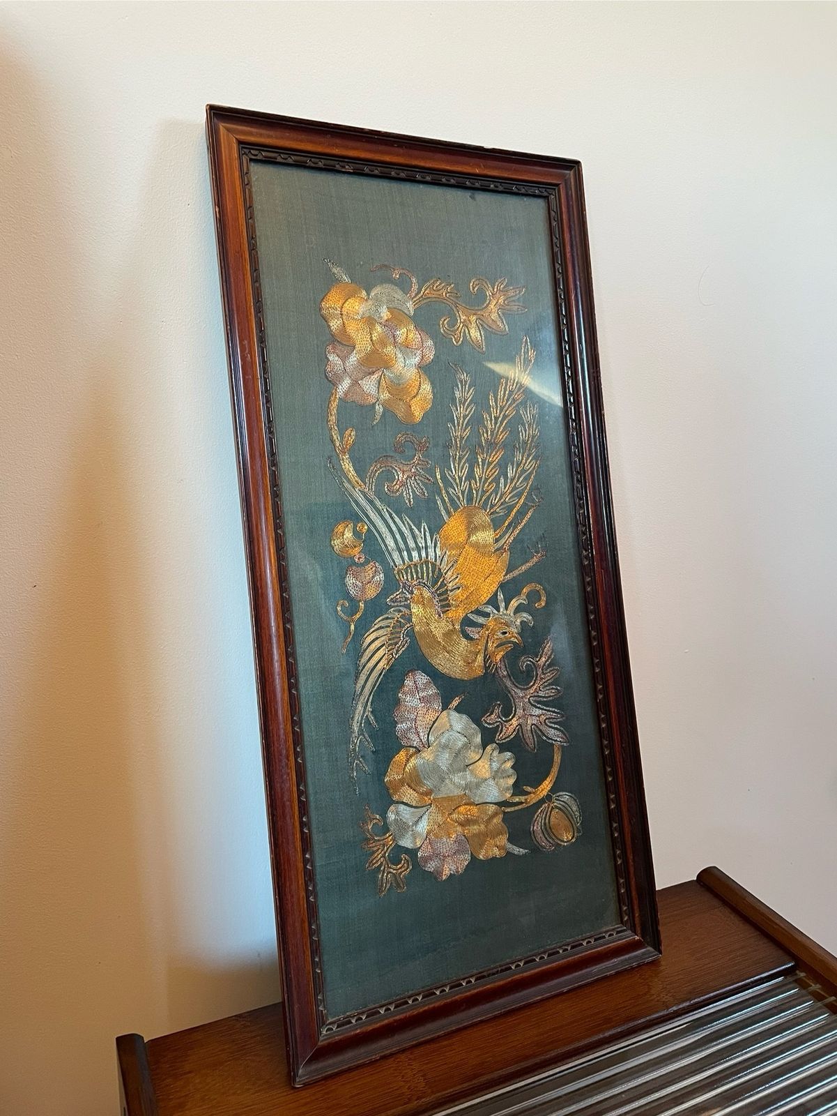 Early 1900s Chinese Embroidered Silk Panel, Bird & Flowers