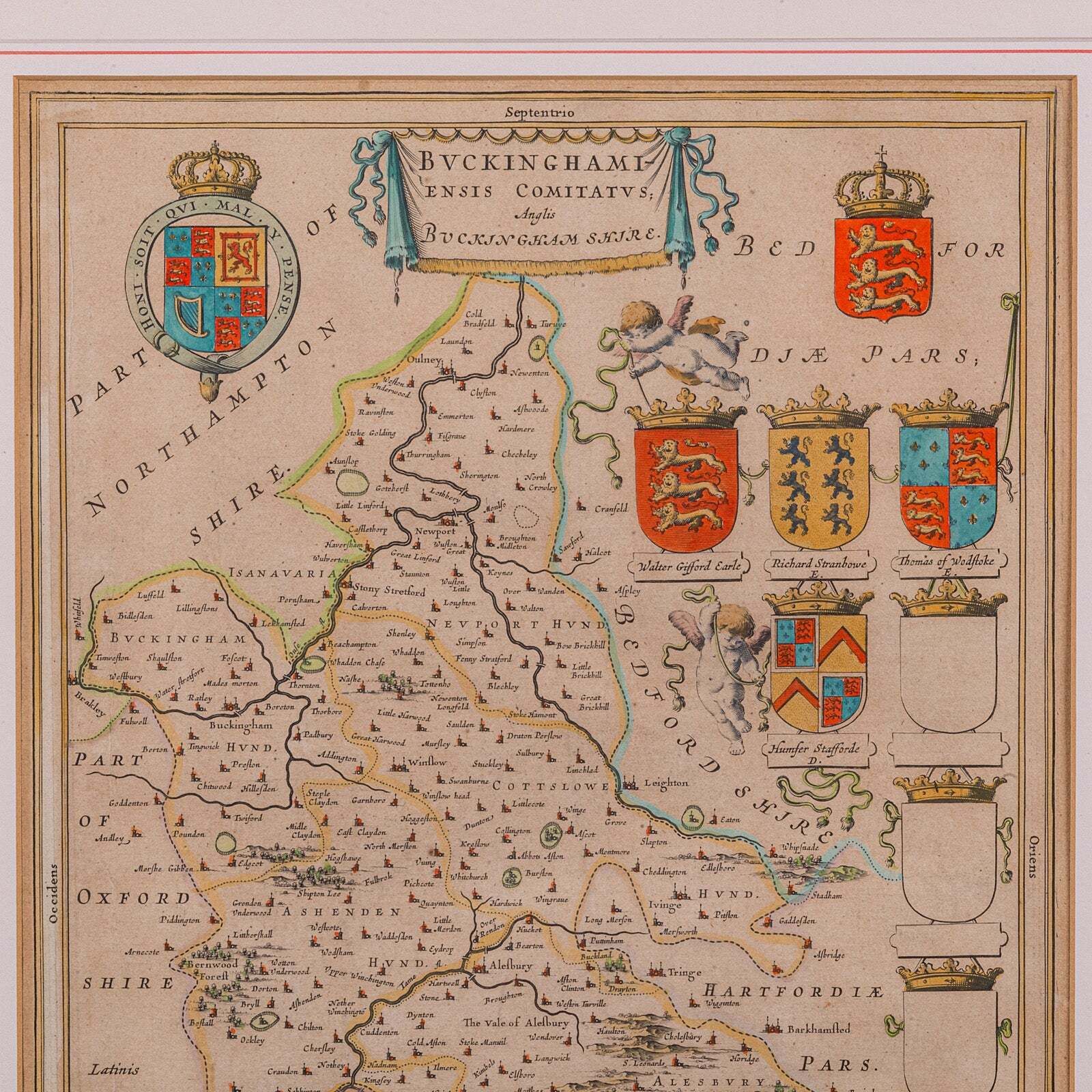 Antique Buckinghamshire Map, English, Framed 17th Century County Cartography photo Art
