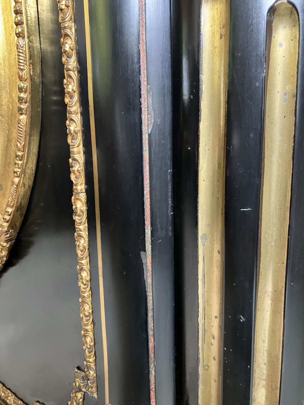 photo for sale 19c Ebonised Mahogany & Gilt Metal Ormolu Boulle Credenza With Sevres Style Plaque