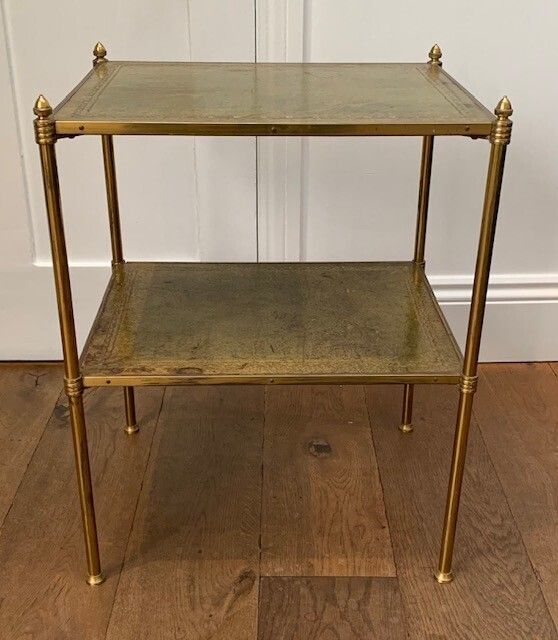 Lacquered Brass And Tooled Leather Occasional Side Table Or Etagere In The Manner Of Mallett Of London photo 550.0