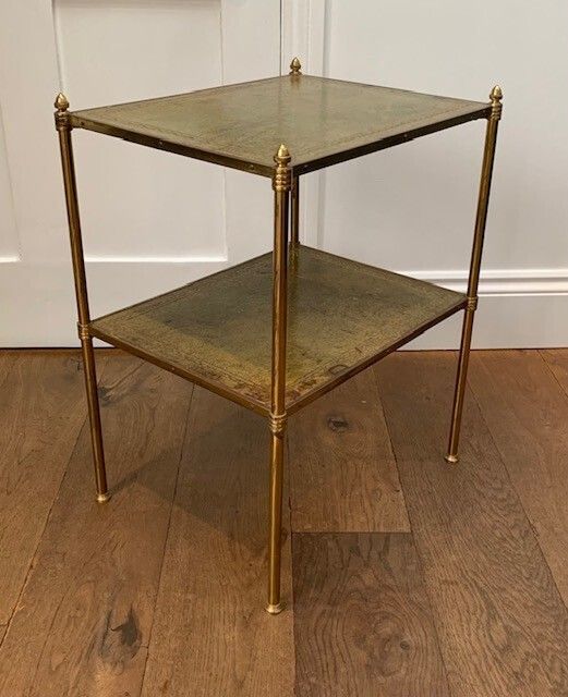 Lacquered Brass And Tooled Leather Occasional Side Table Or Etagere In The Manner Of Mallett Of London photo buy