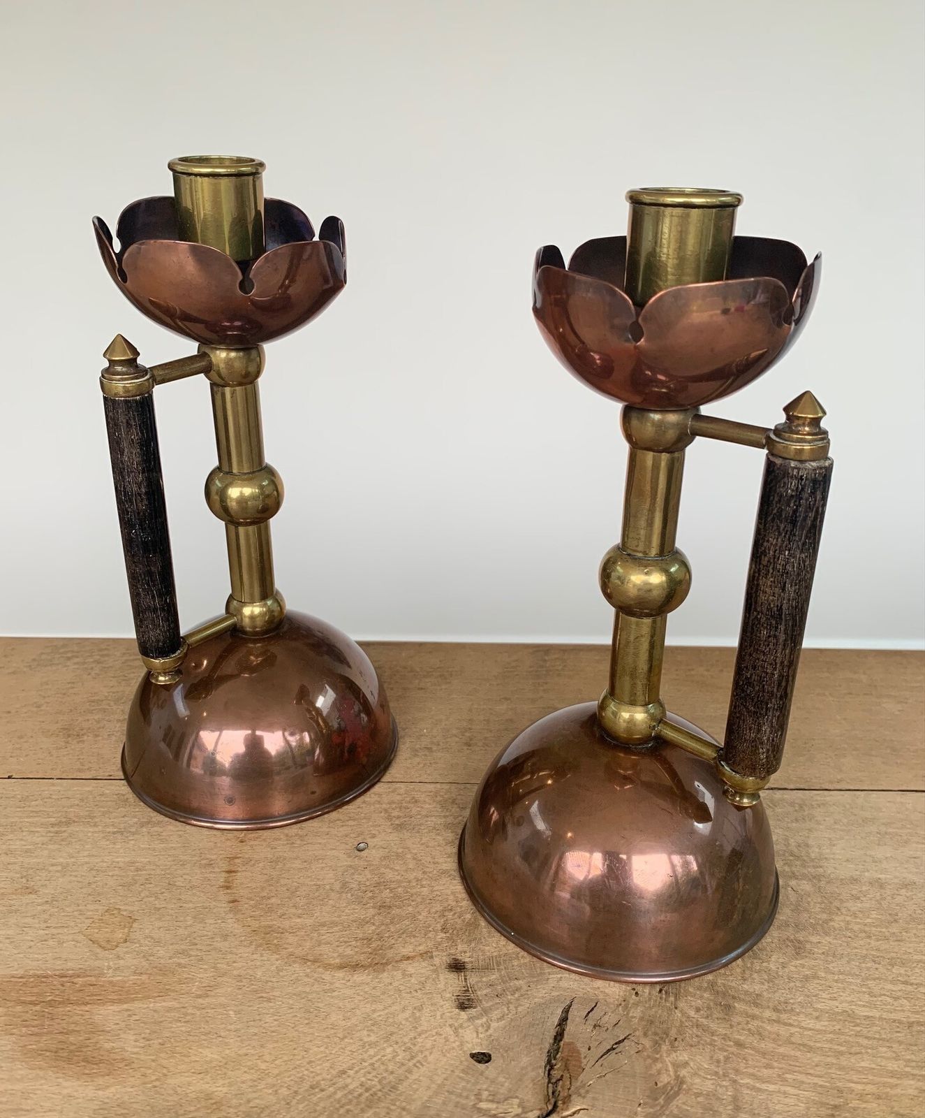 Late 19thc Pair Of Brass And Copper Arts & Crafts / Aesthetic Movement Candlesticks, Designed By DR Christopher Dresser photo furniture