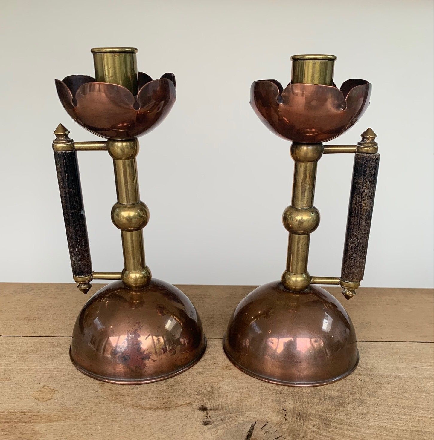 Late 19thc Pair Of Brass And Copper Arts & Crafts / Aesthetic Movement Candlesticks, Designed By DR Christopher Dresser photo Home Decor