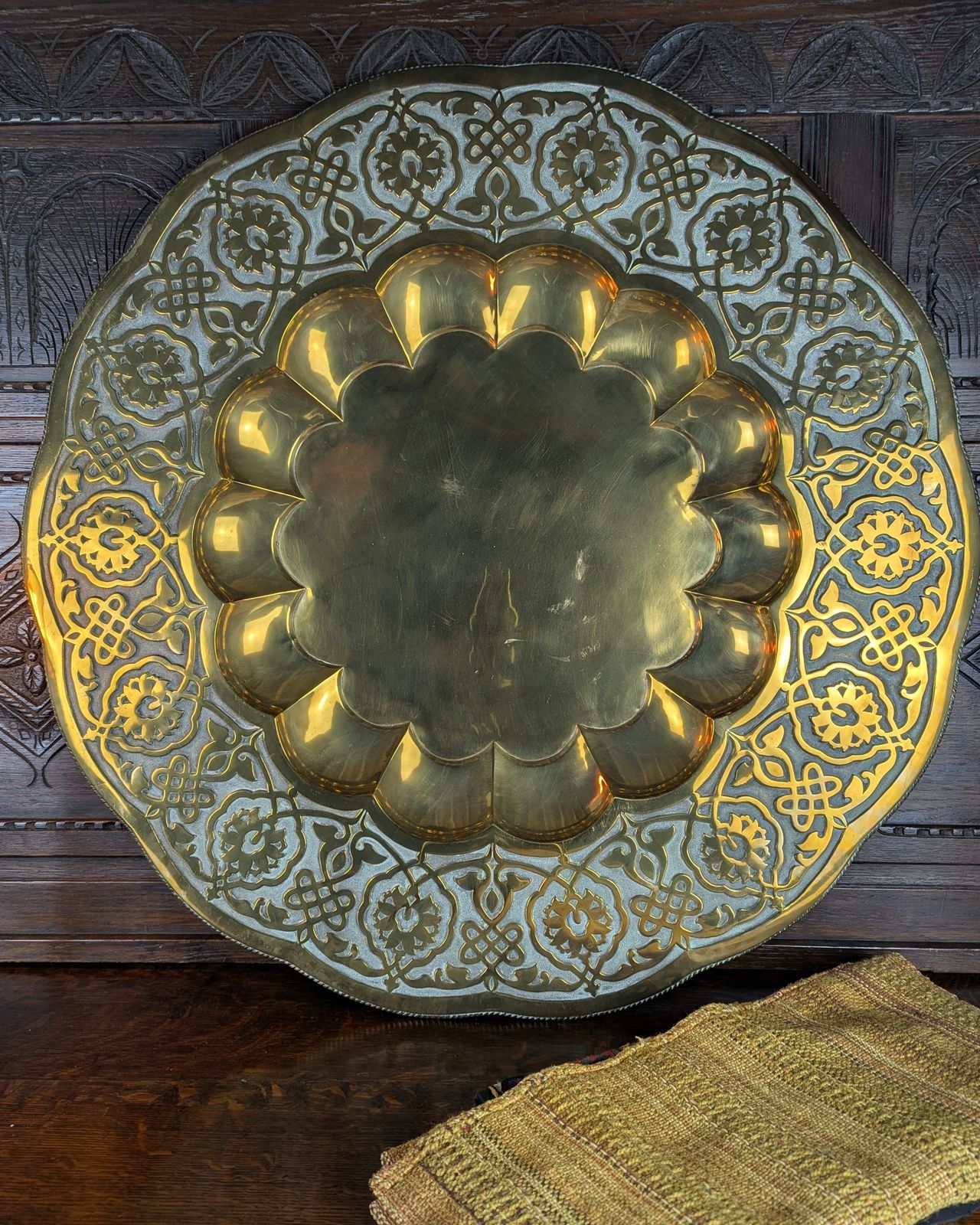 Large Late 19th Century Pressed Brass Indian Table Tray Top — School Of Jaipur photo furniture