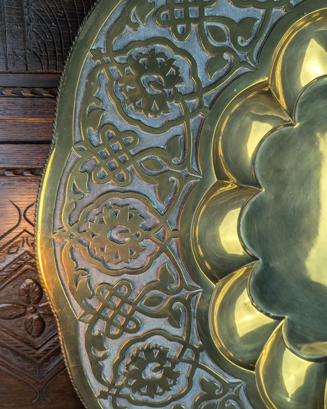 Large Late 19th Century Pressed Brass Indian Table Tray Top — School Of Jaipur photo Home Decor