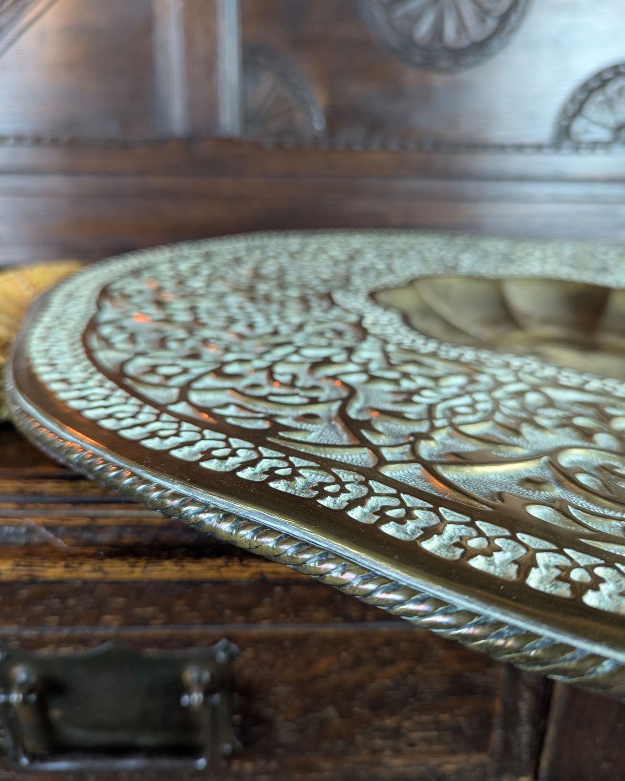 Late 19th Century Pressed Brass Indian Tiffin Table Tray Top — School Of Jaipur photo furniture