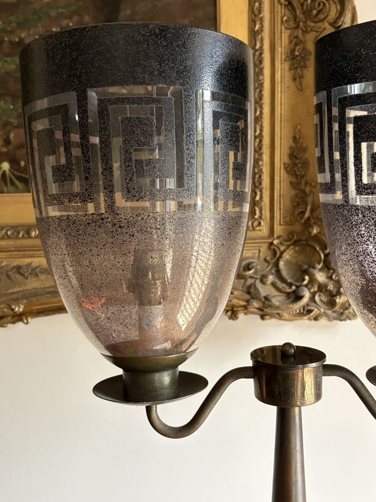 Neoclassical Style Brass Table Lamp W/ Two Urn Shaped Glass And Greek Key Stencilled Shades photo vinterior