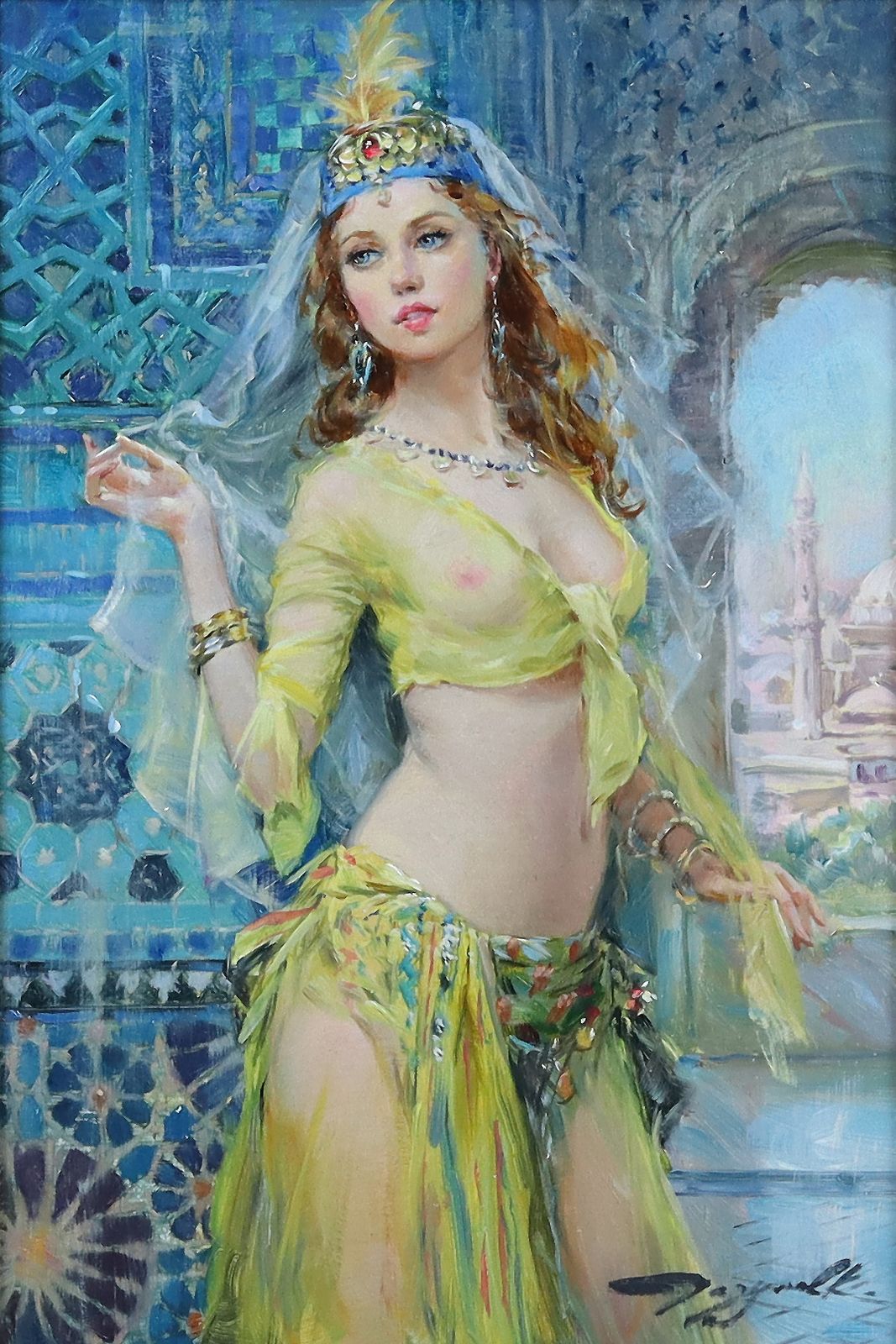 Konstantin Razumov Oil On Canvas Odalisque Wearing A Yellow Sarong photo furniture