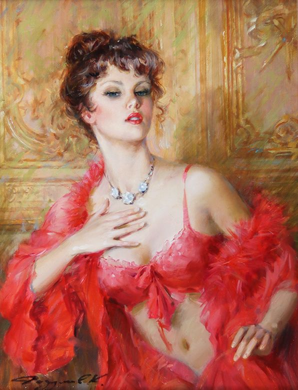 Konstantin Razumov Oil On Canvas Lady Wearing Red Lingerie photo furniture