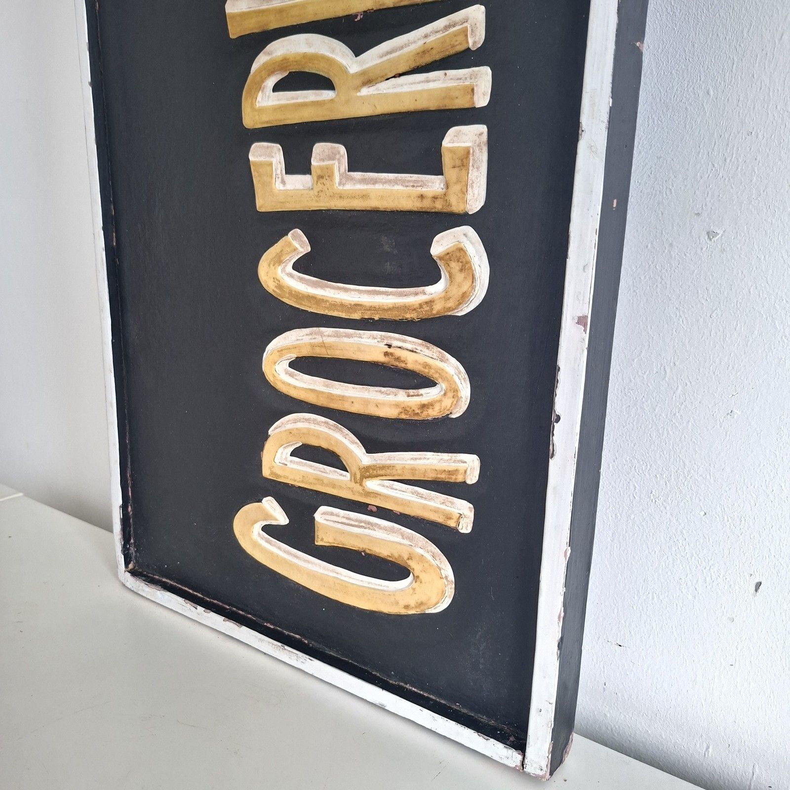 Groceries Dry Goods Large Wooden Sign Embossed Hand Painted Wall Hanging Vintage photo for sale