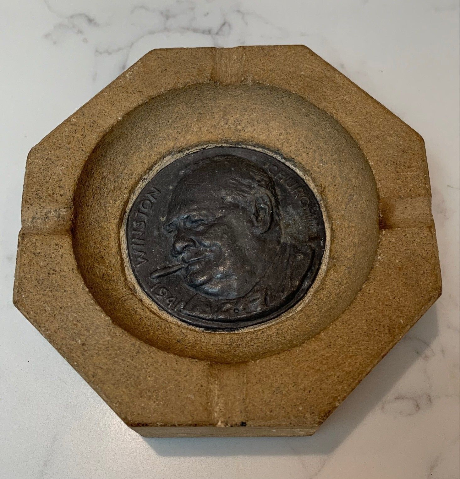 A Wwii Houses Of Parliament Stone Ashtray Featuring Winston Churchill, Salvaged From Enemy Air Raid On 1 May 1941 photo Home Decor