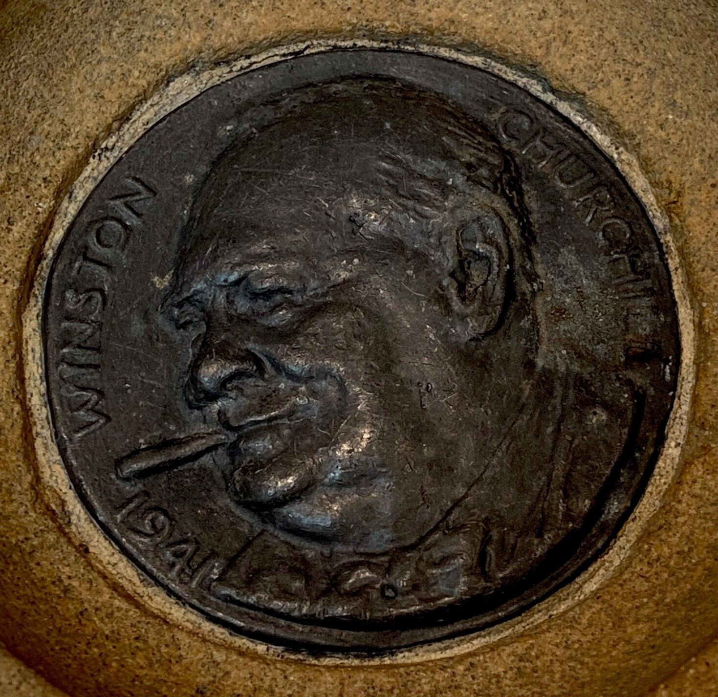 A Wwii Houses Of Parliament Stone Ashtray Featuring Winston Churchill, Salvaged From Enemy Air Raid On 1 May 1941 photo vinterior