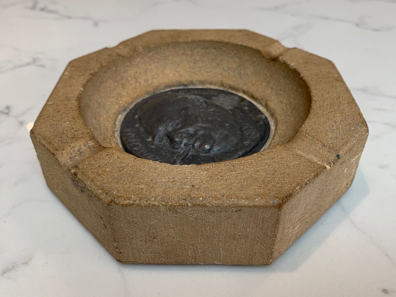 A Wwii Houses Of Parliament Stone Ashtray Featuring Winston Churchill, Salvaged From Enemy Air Raid On 1 May 1941 photo vintage