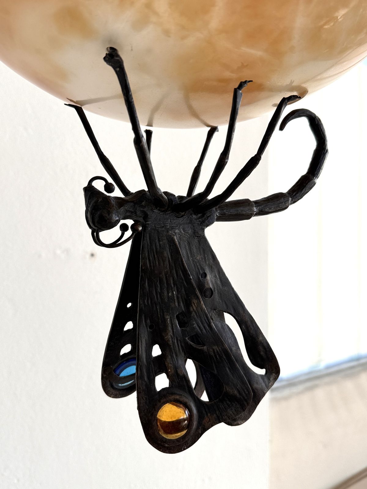 Italian Art Deco Alabaster Chandelier With Wrough Iron Dagonfly And Chain photo vintage