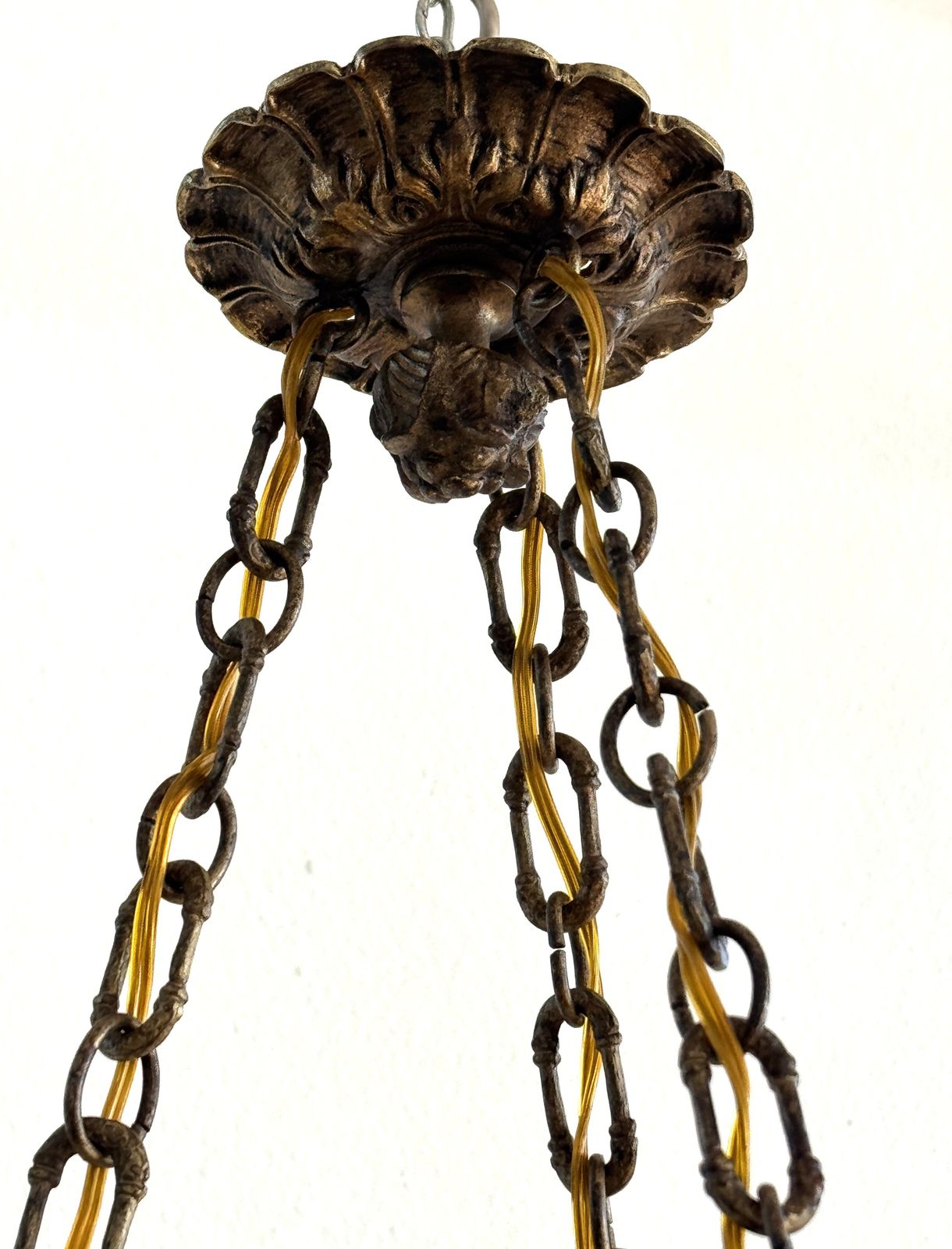 photo for sale Italian Art Deco Alabaster Chandelier With Wrough Iron Dagonfly And Chain