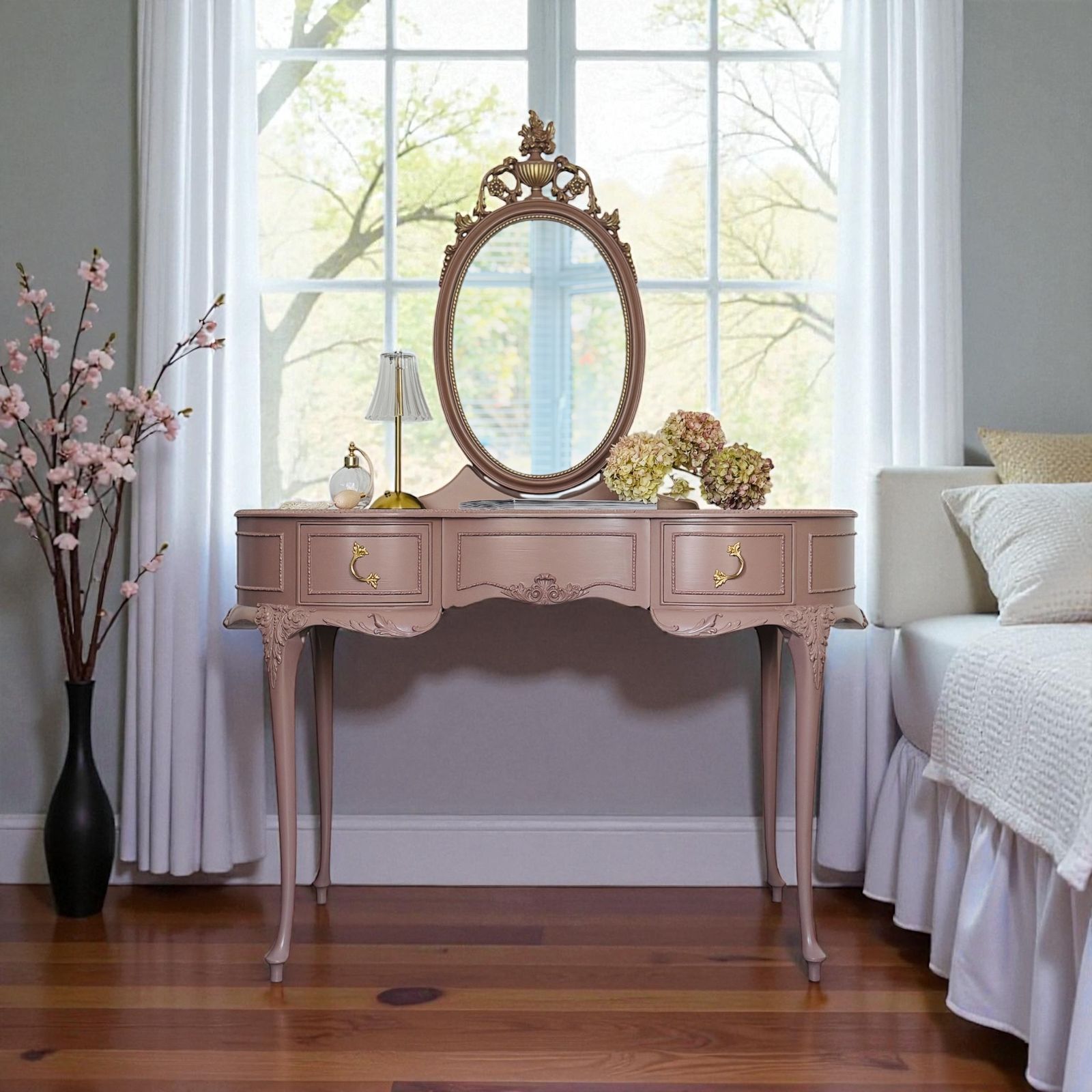 Furniture French Romantic Olympus Dressing Table, Hand Painted In Dusty Pink From Fusion Mineral Paint   Damask photo