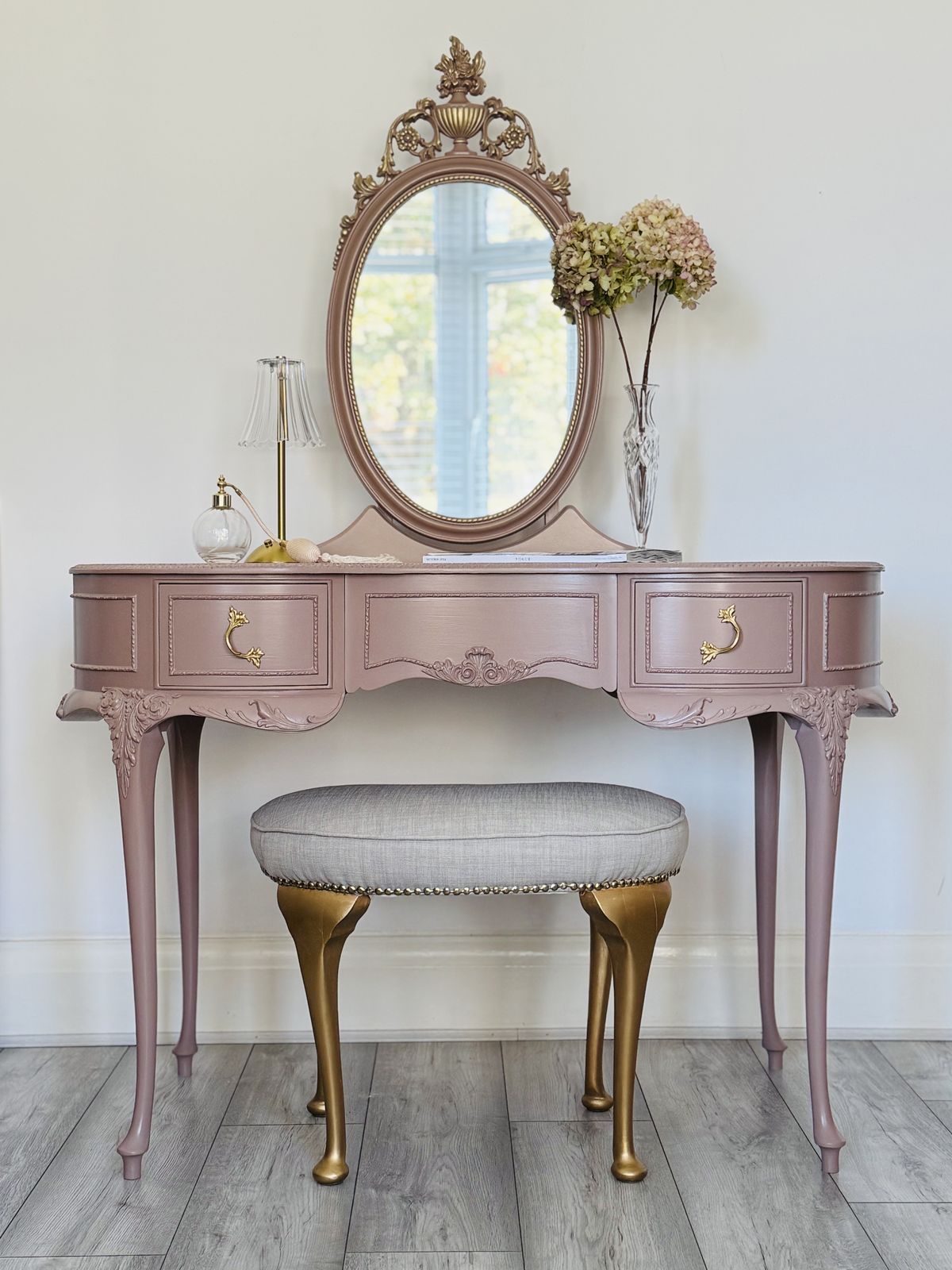 French Romantic Olympus Dressing Table, Hand Painted In Dusty Pink From Fusion Mineral Paint Damask | Vinterior French Romantic Olympus Dressing Table, Hand Painted In Dusty Pink From Fusion Mineral Paint Damask | Vinterior