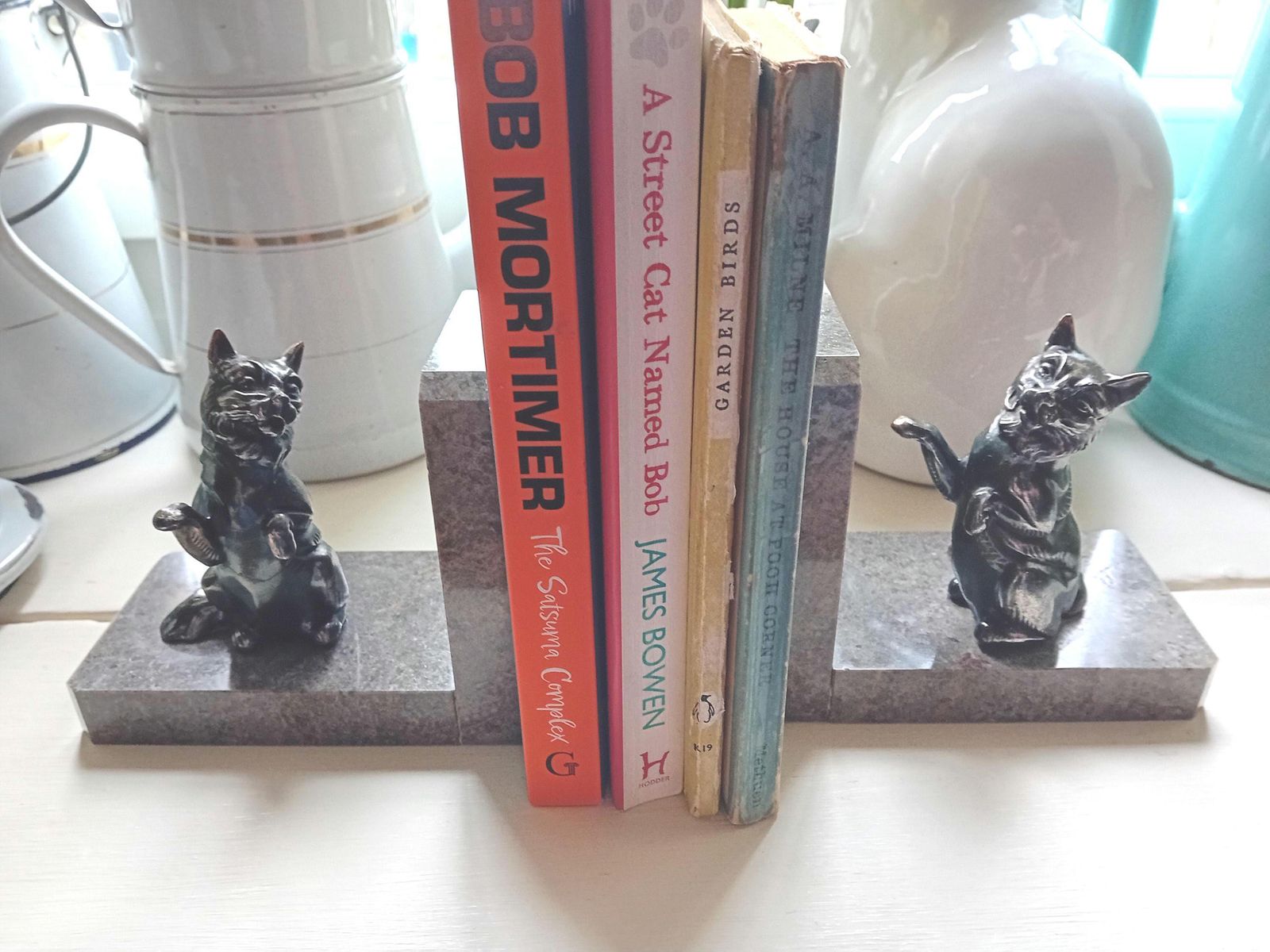 Cat Design Bookends Marble Base French Vintage Book Nook photo for sale