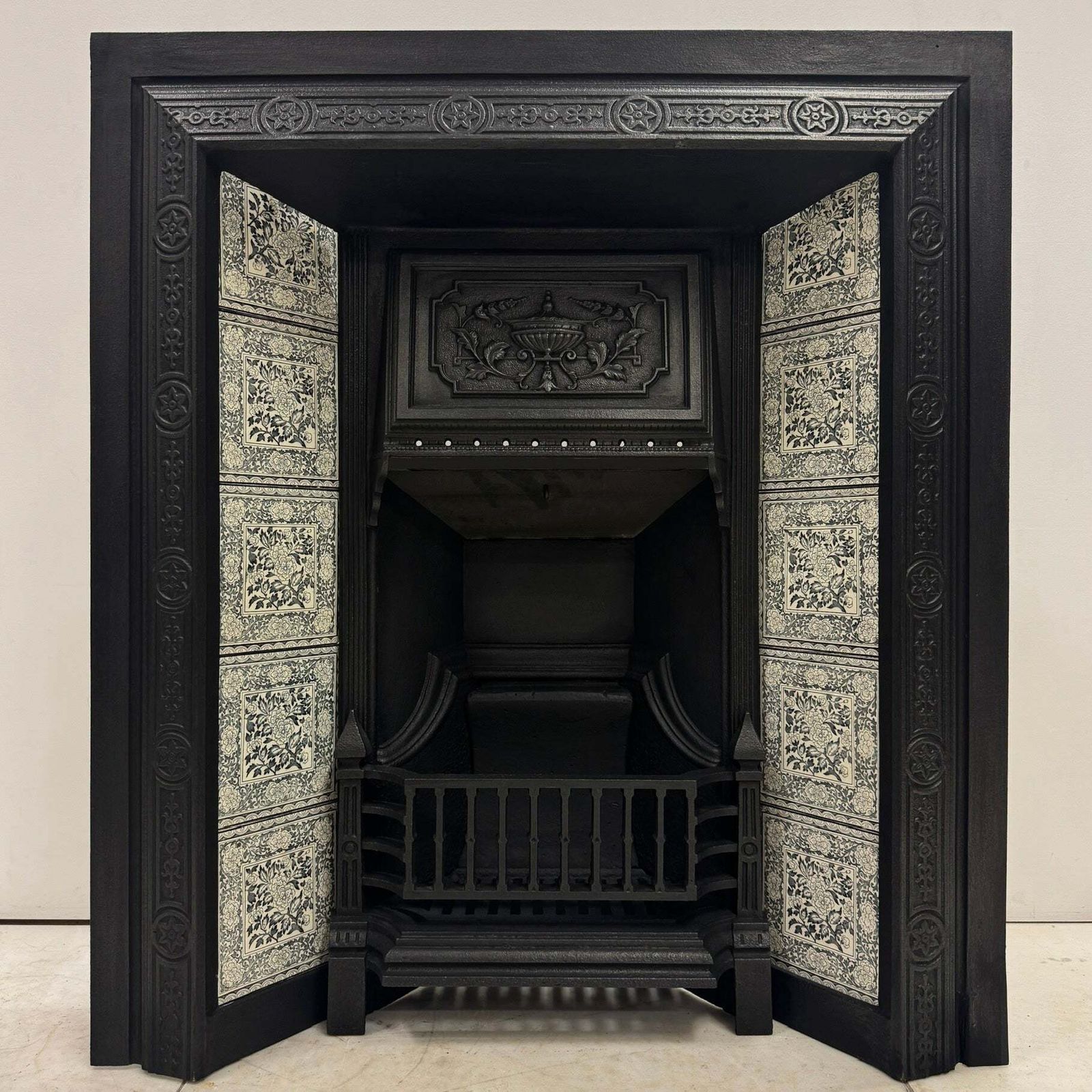 photo buy Antique Victorian Cast Iron Floral Tiled Fireplace Insert