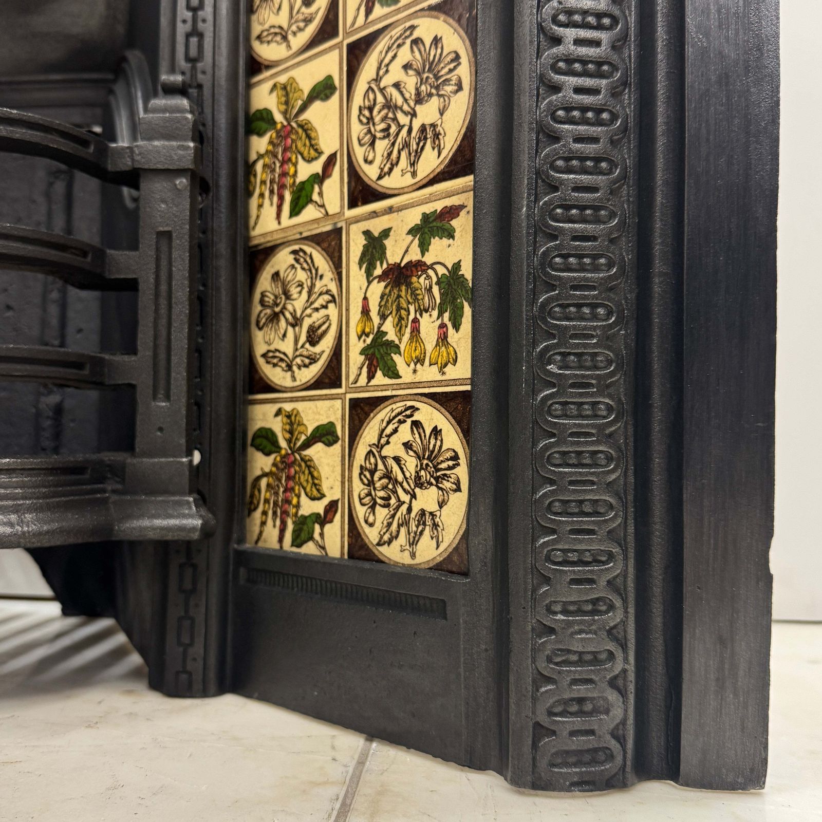 Antique Victorian Cast Iron Floral Tiled Fireplace Insert photo 1200.0
