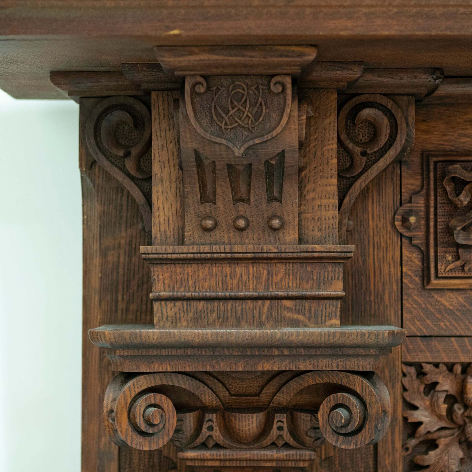 Monumental Antique Arts & Crafts Carved Oak Fireplace Surround photo Home Fixtures