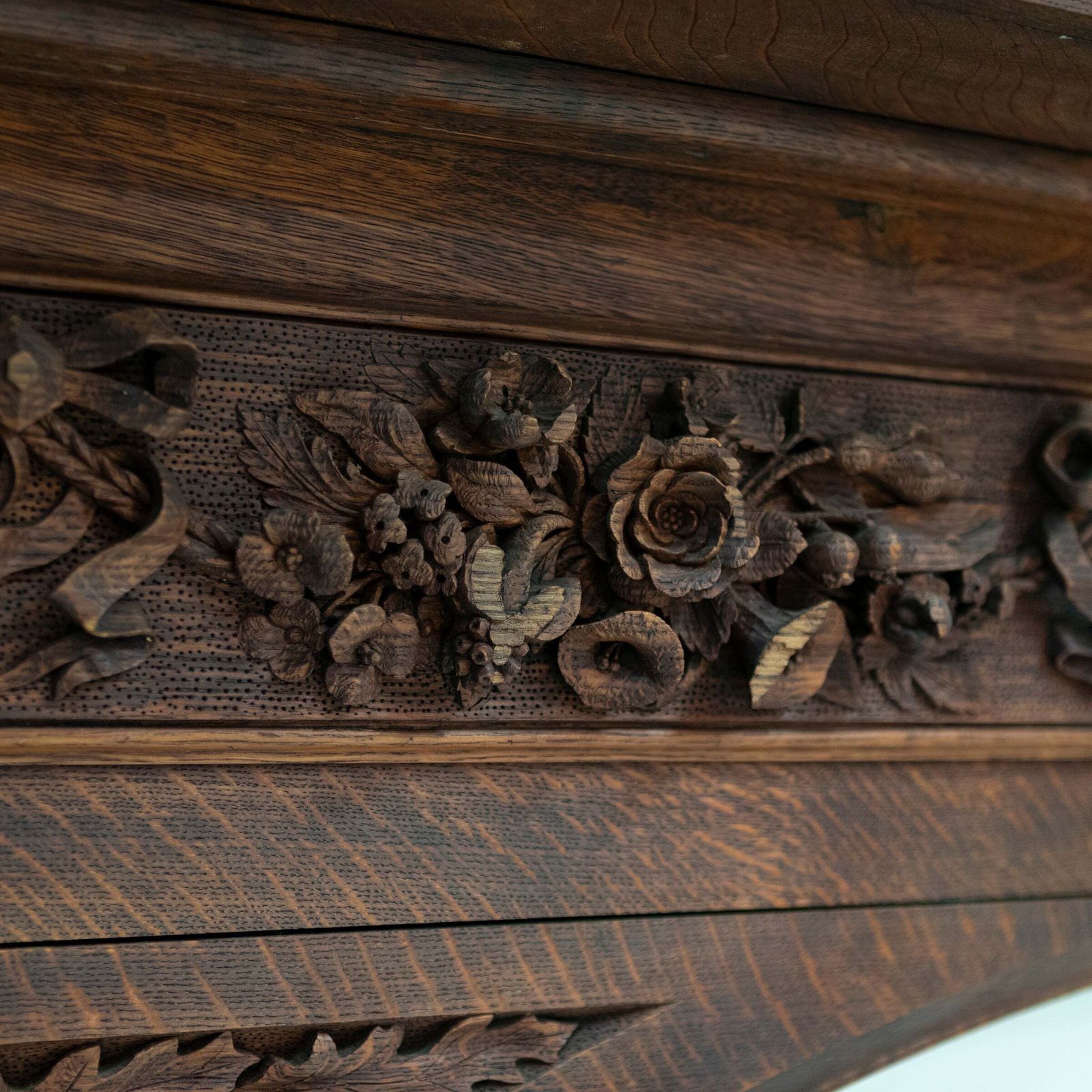 Monumental Antique Arts & Crafts Carved Oak Fireplace Surround photo vinterior