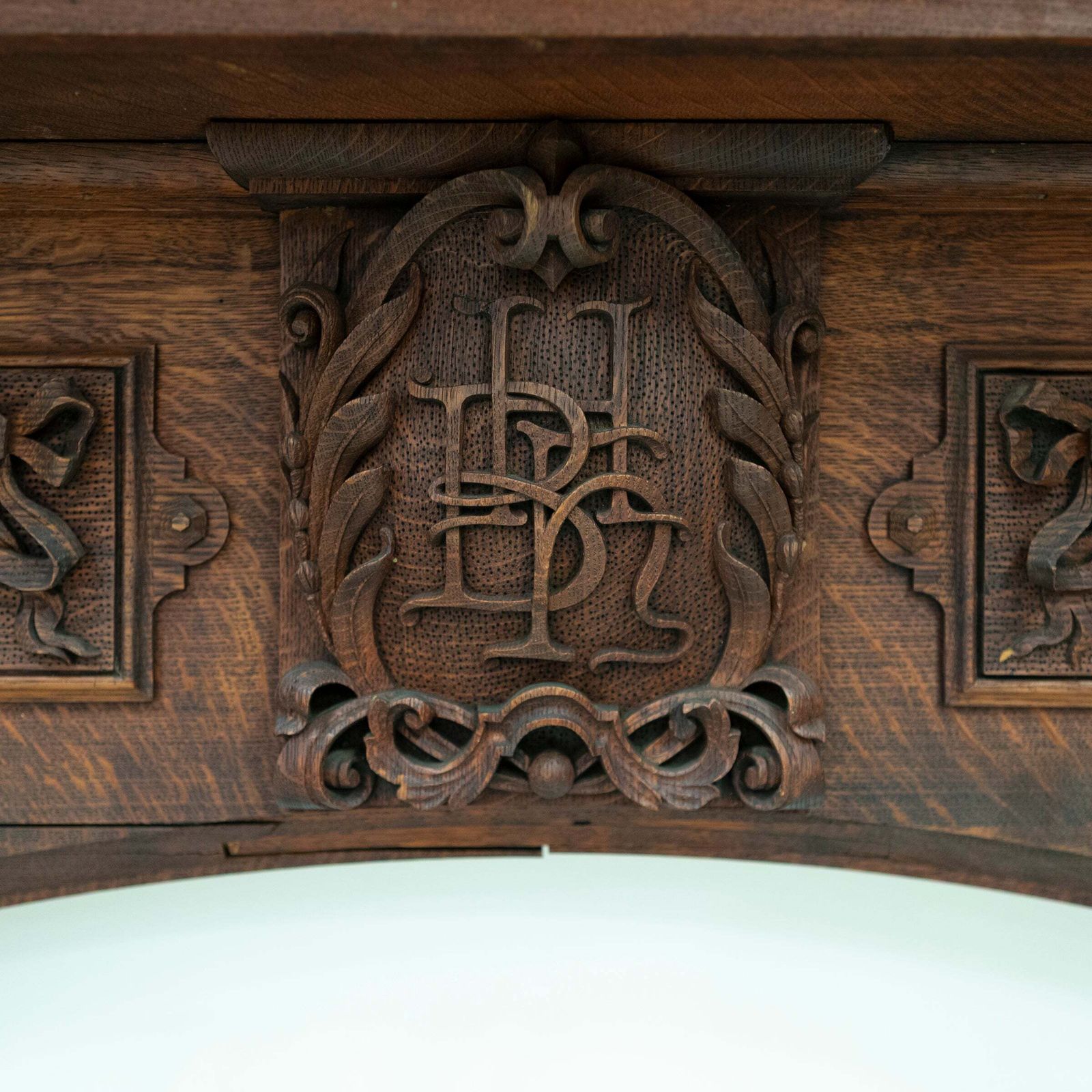 Monumental Antique Arts & Crafts Carved Oak Fireplace Surround photo vintage