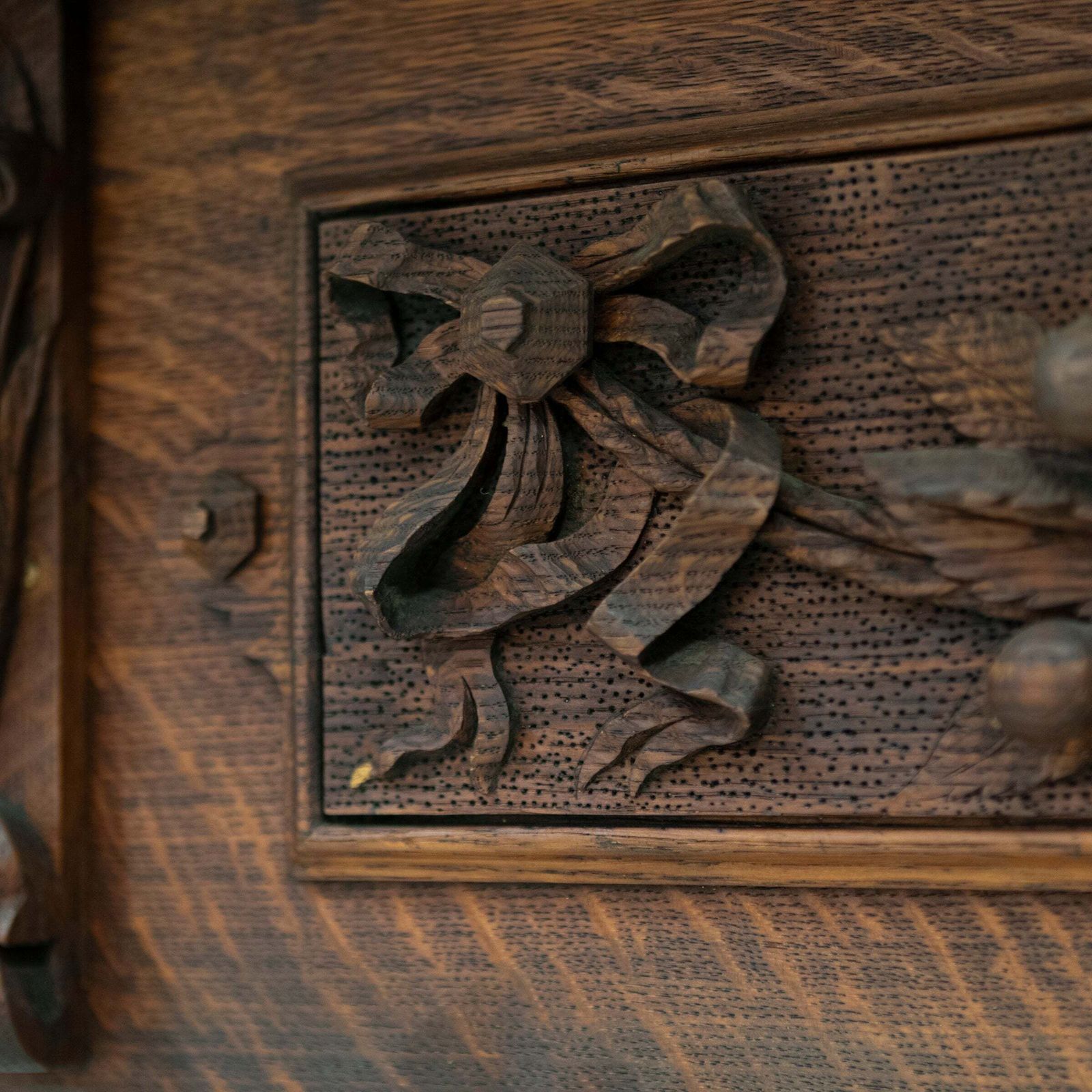 photo for sale Monumental Antique Arts & Crafts Carved Oak Fireplace Surround