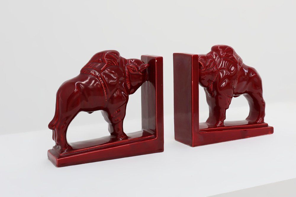 Art Deco Red Glazed Ceramic Bison Ox Bookends, Belgium, 1920s, Set Of 2 photo Home Decor