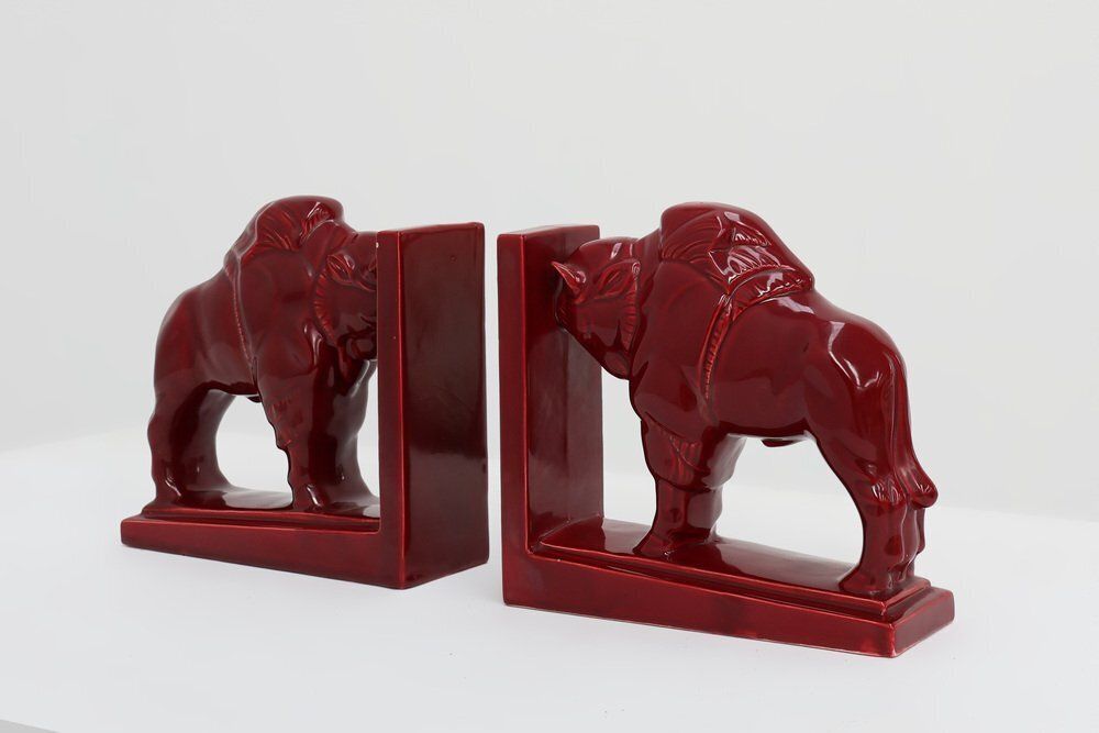 Art Deco Red Glazed Ceramic Bison Ox Bookends, Belgium, 1920s, Set Of 2 photo 1053.0