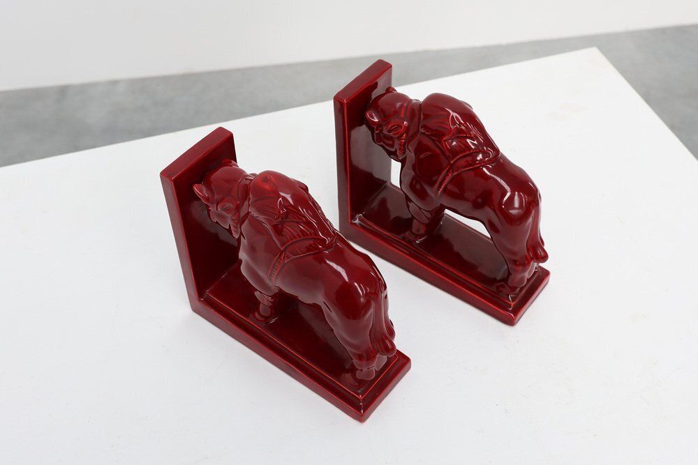 1053.0 Art Deco Red Glazed Ceramic Bison Ox Bookends, Belgium, 1920s, Set Of 2 photo