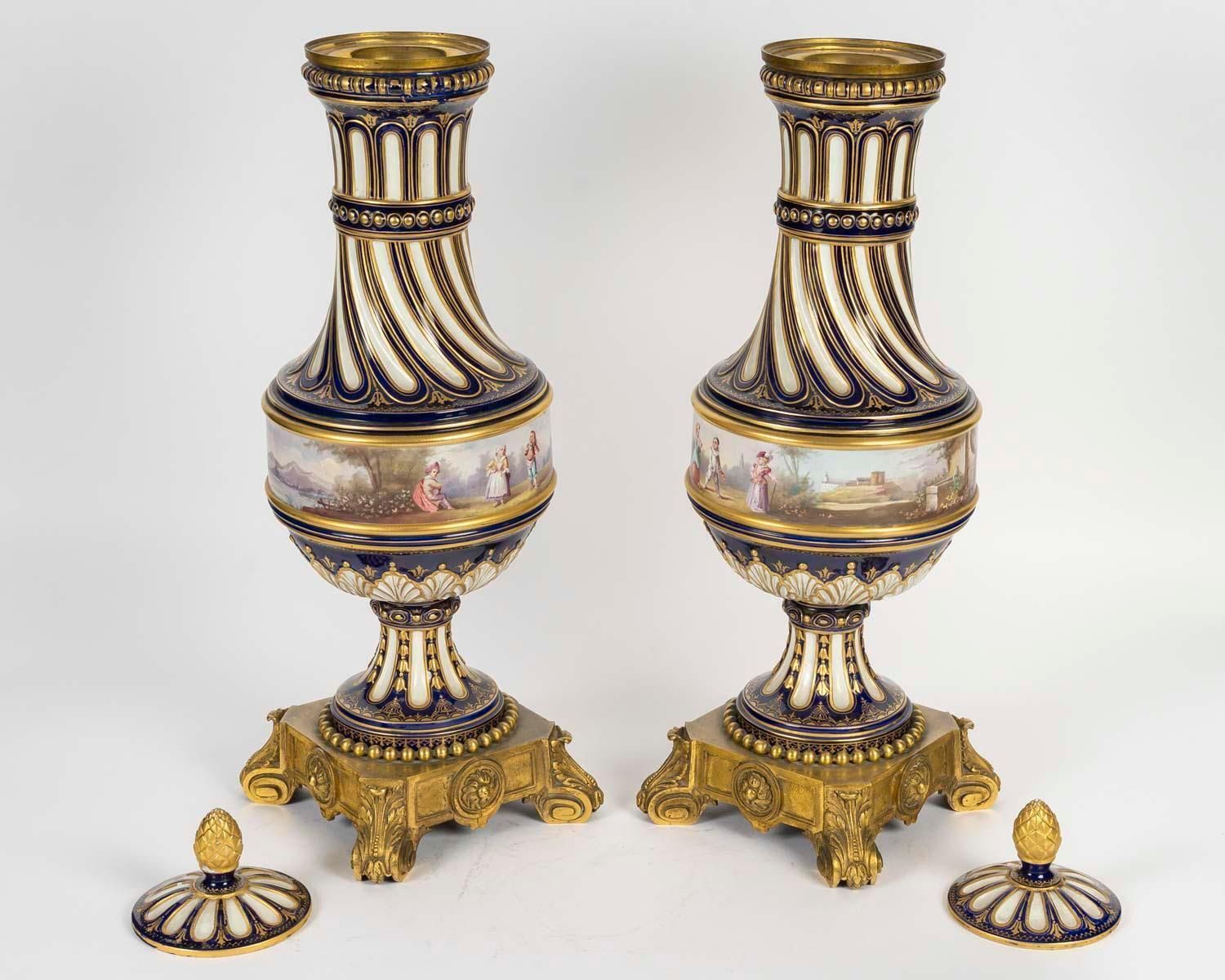 photo for sale Pair Of Sèvres Porcelain Gilt Bronze Covered Vases, Napoleon III Period.