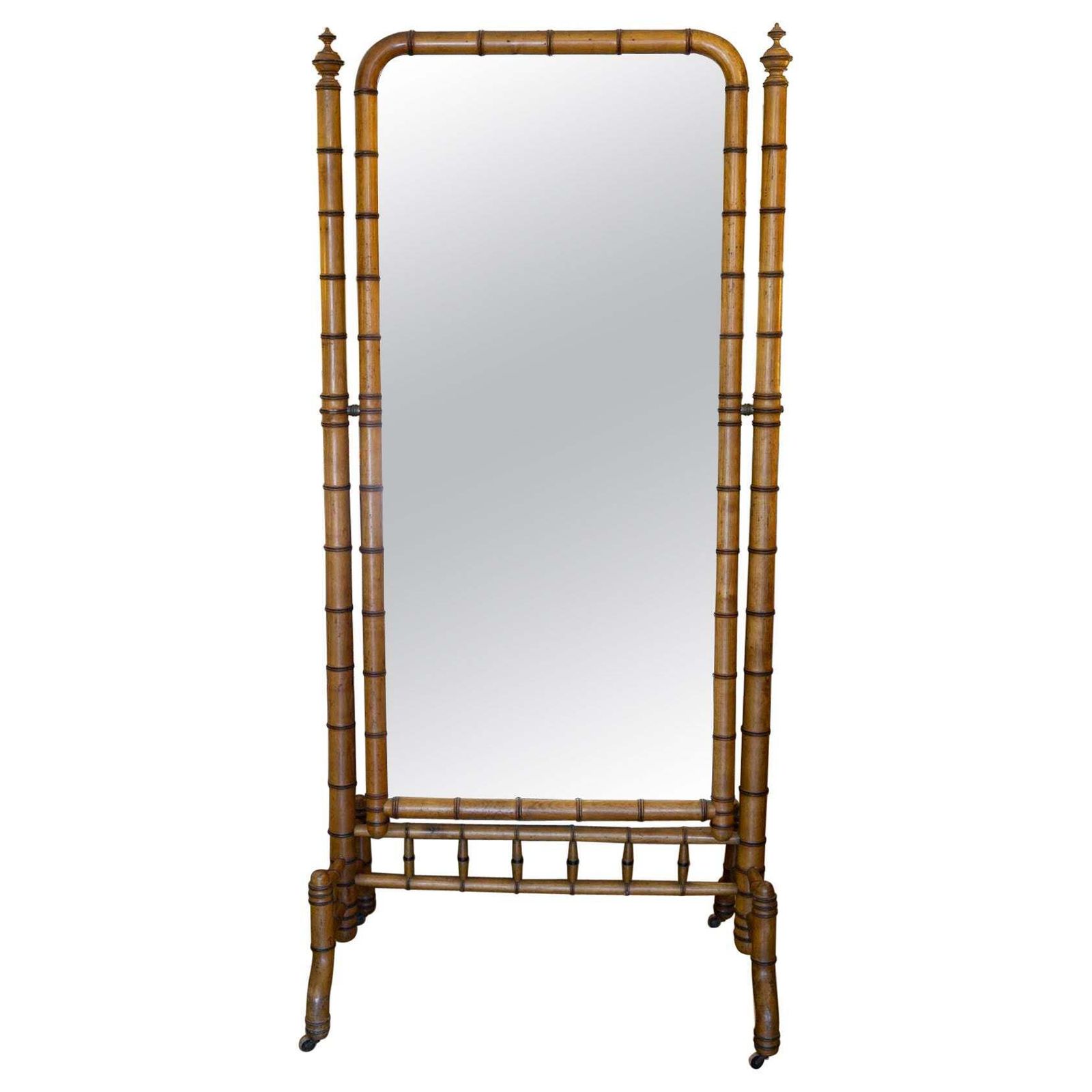 Large Bamboo Style Wooden Psyche Mirror, 19th Century, Napoleon III Period.