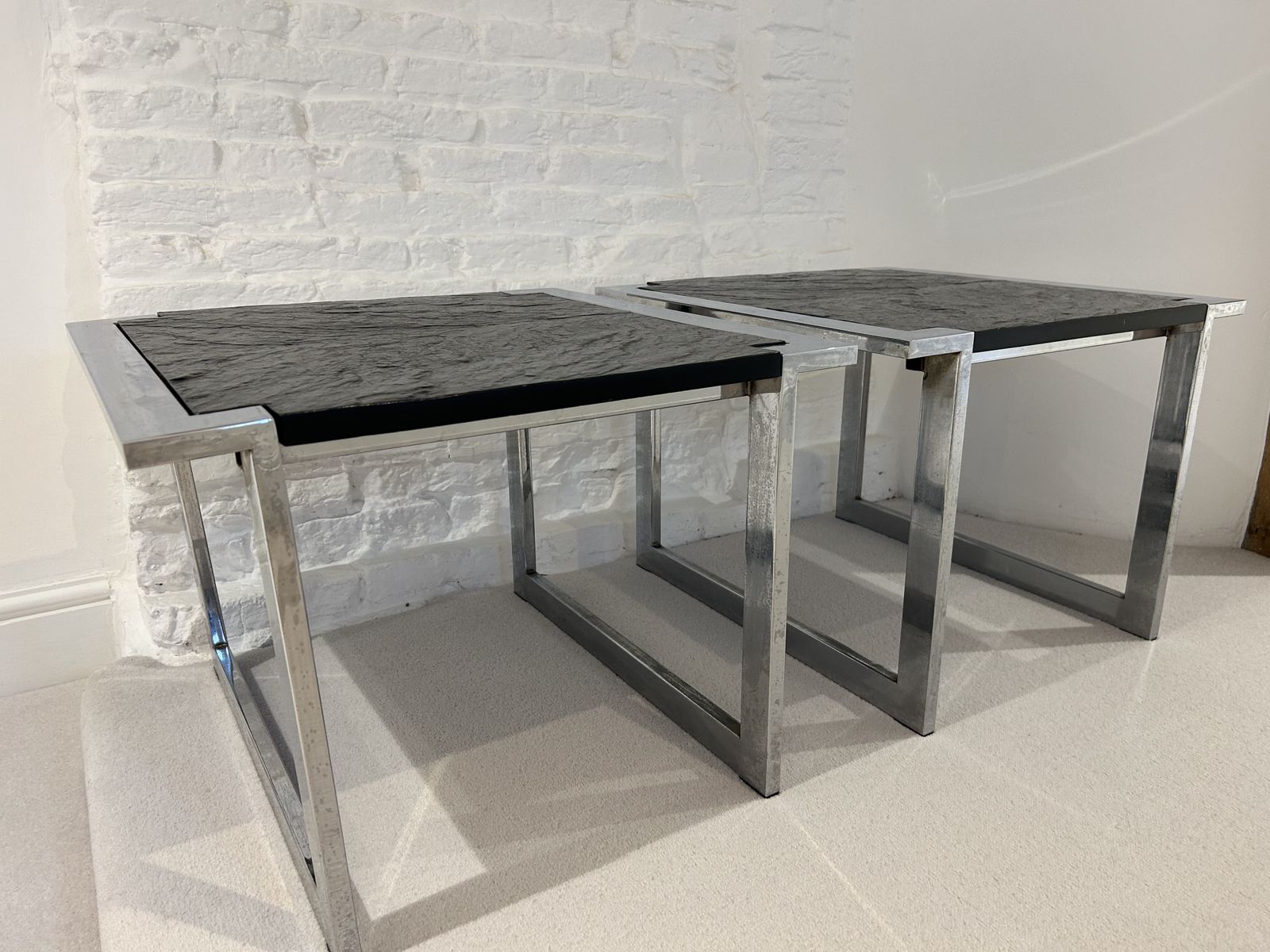 Matching Pair Of Mid Century, Square Side Tables In Ardesia Black Slate & Chrome photo Furniture